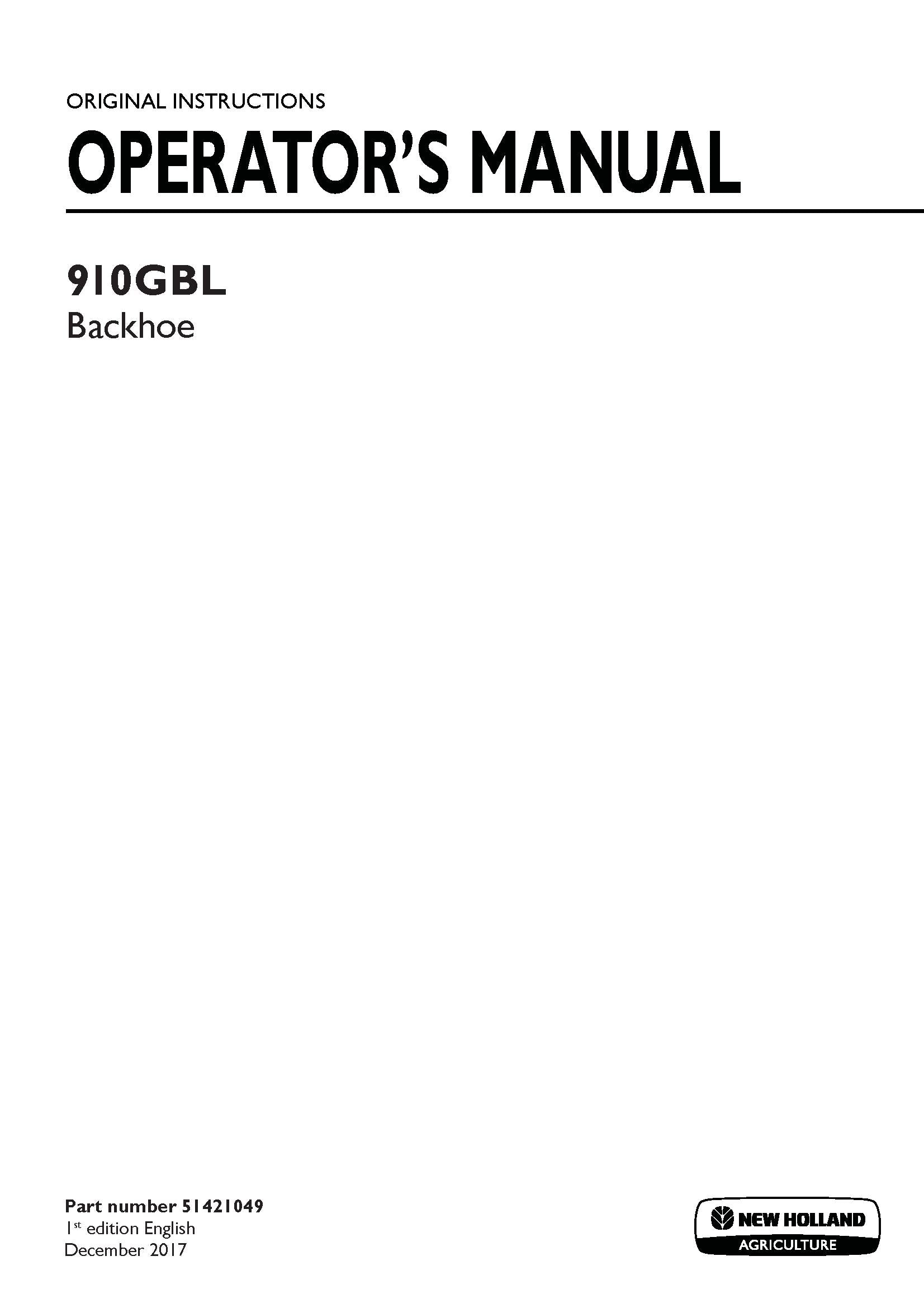 New Holland 910GBL Backhoe Operator's Manual (51421049)