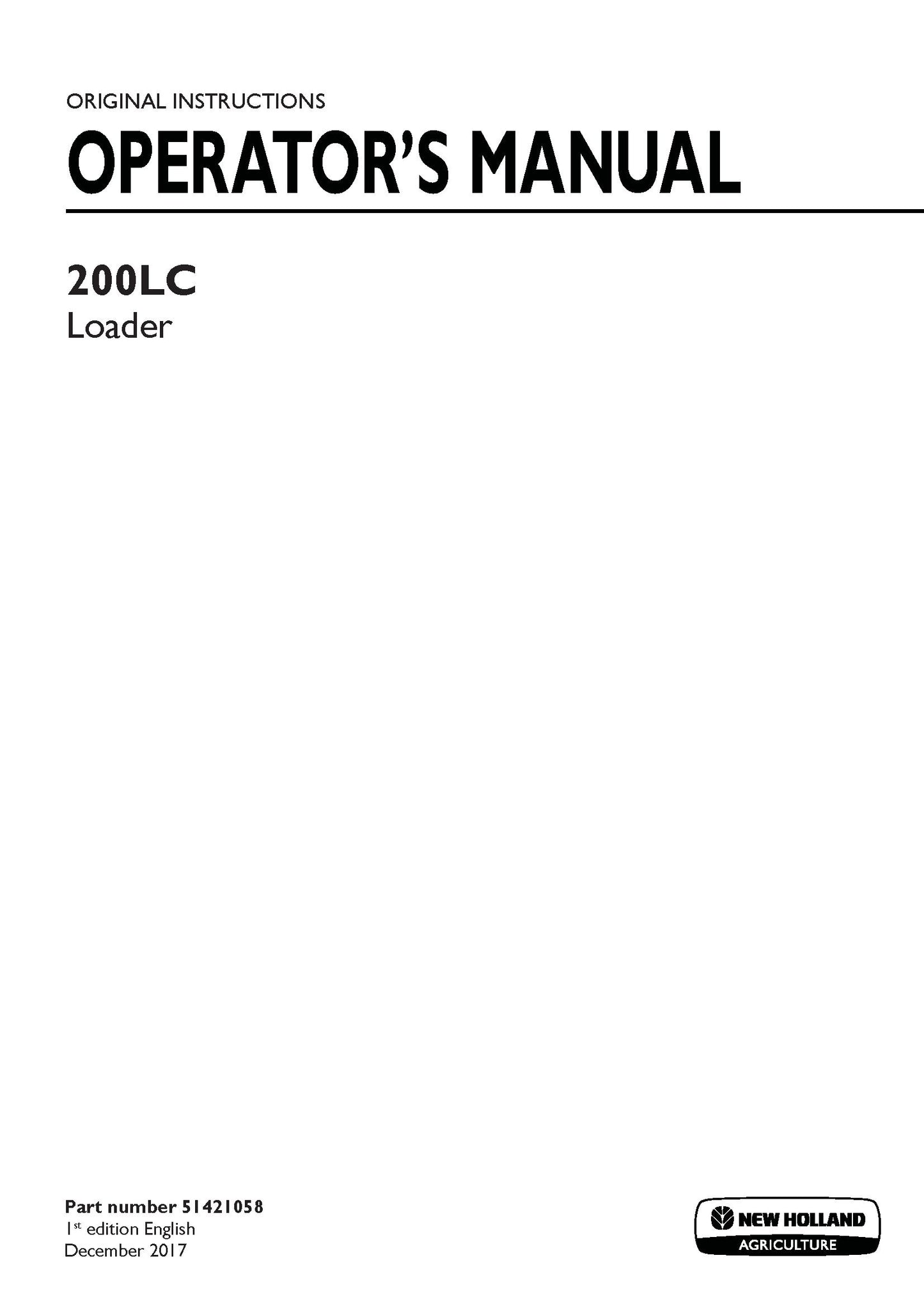 New Holland 200LC Loader Operator's Manual (51421058)