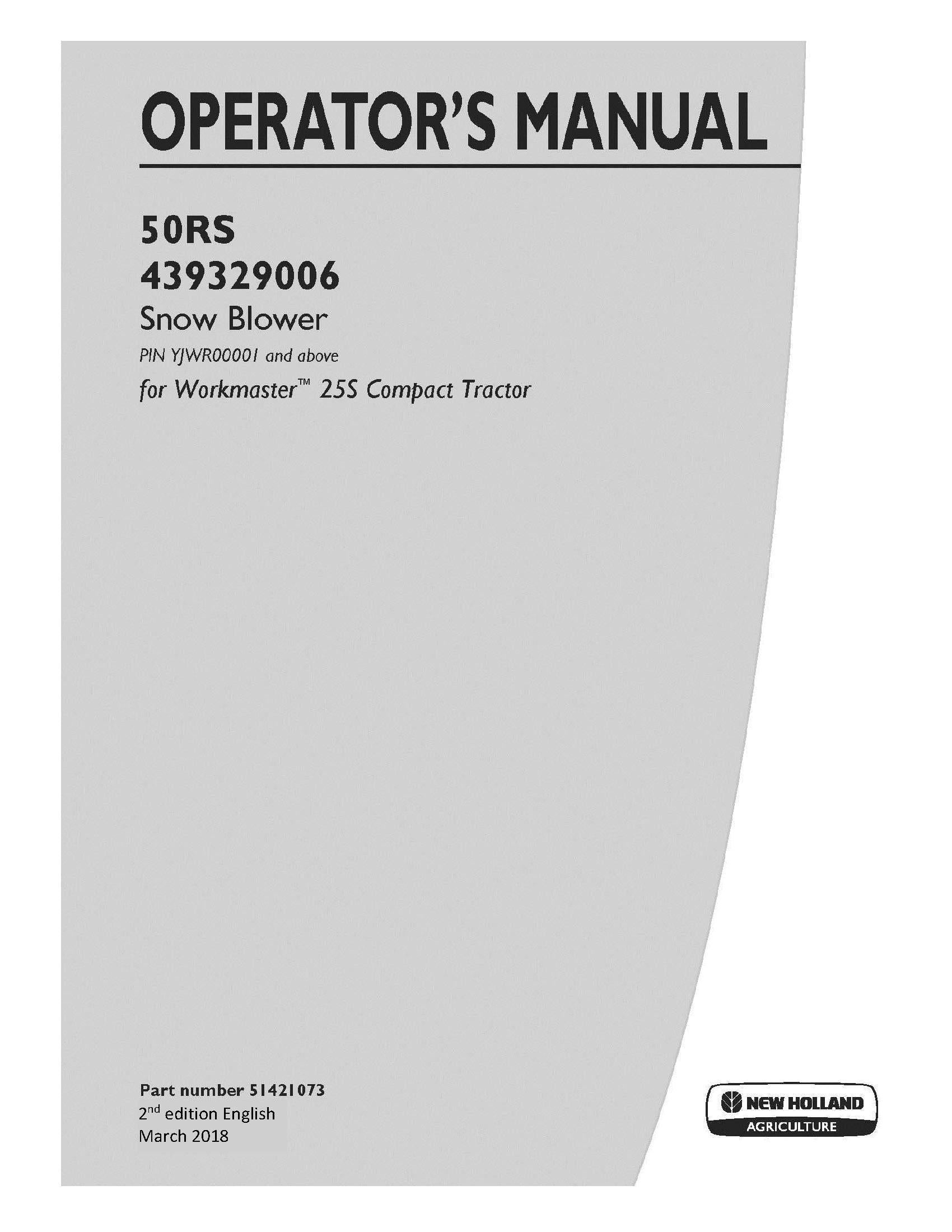 New Holland 50RS - 439329006 Snow Blower Operator's Manual (51421073)