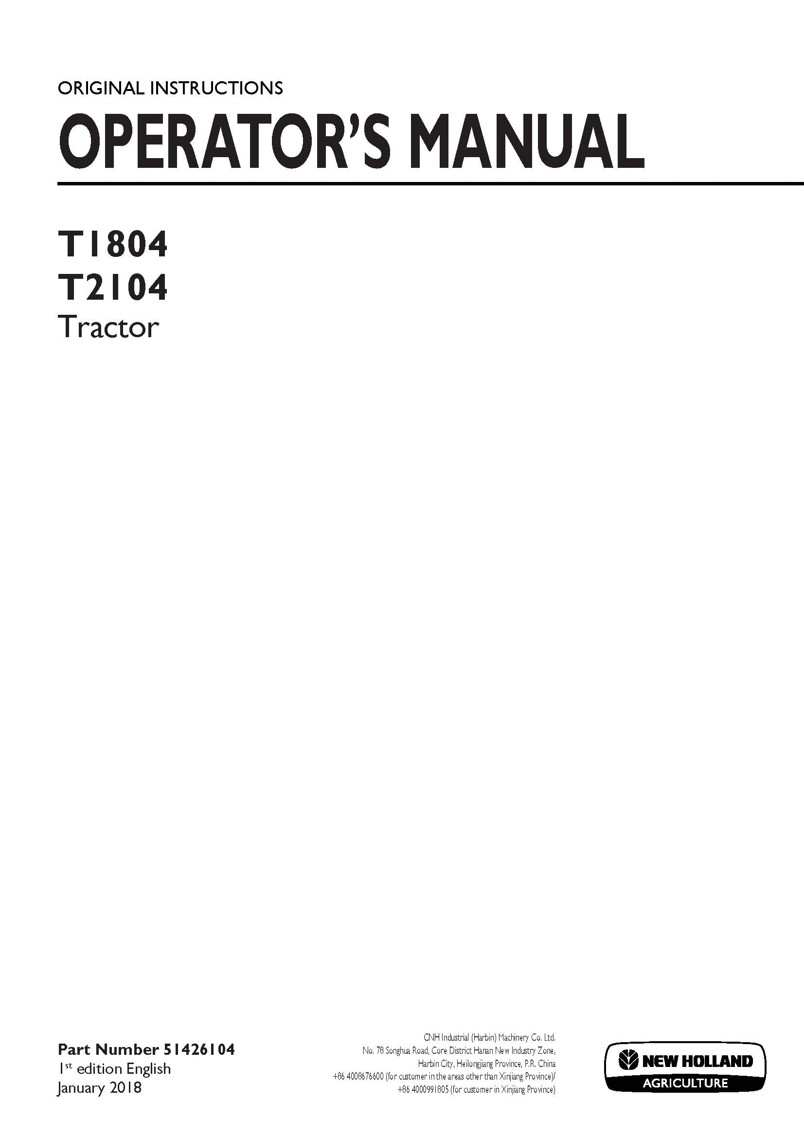 New Holland T1804, T2104 Tractor Operator's Manual (51426104)