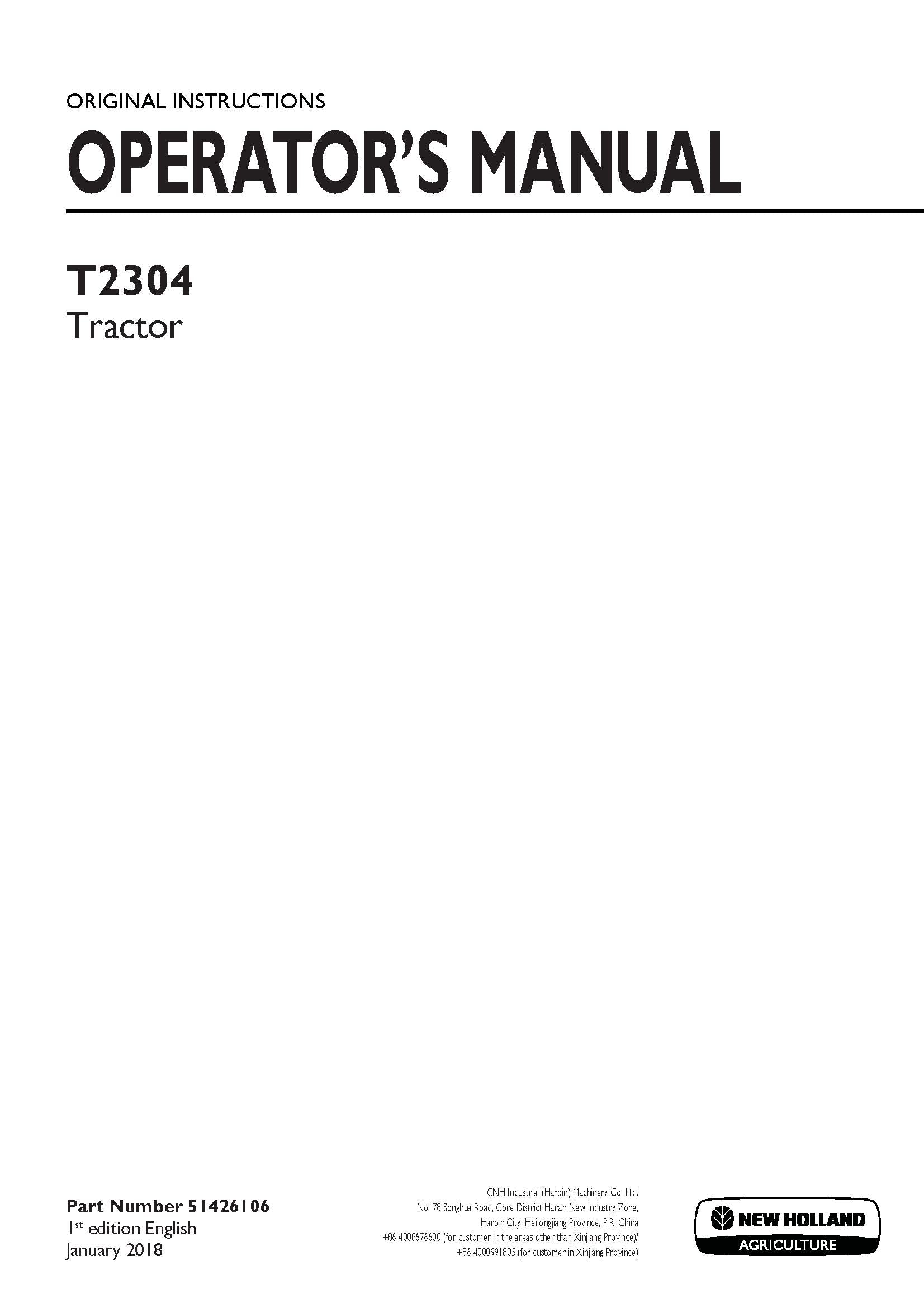 New Holland T2304 Tractor Operator's Manual (51426106)