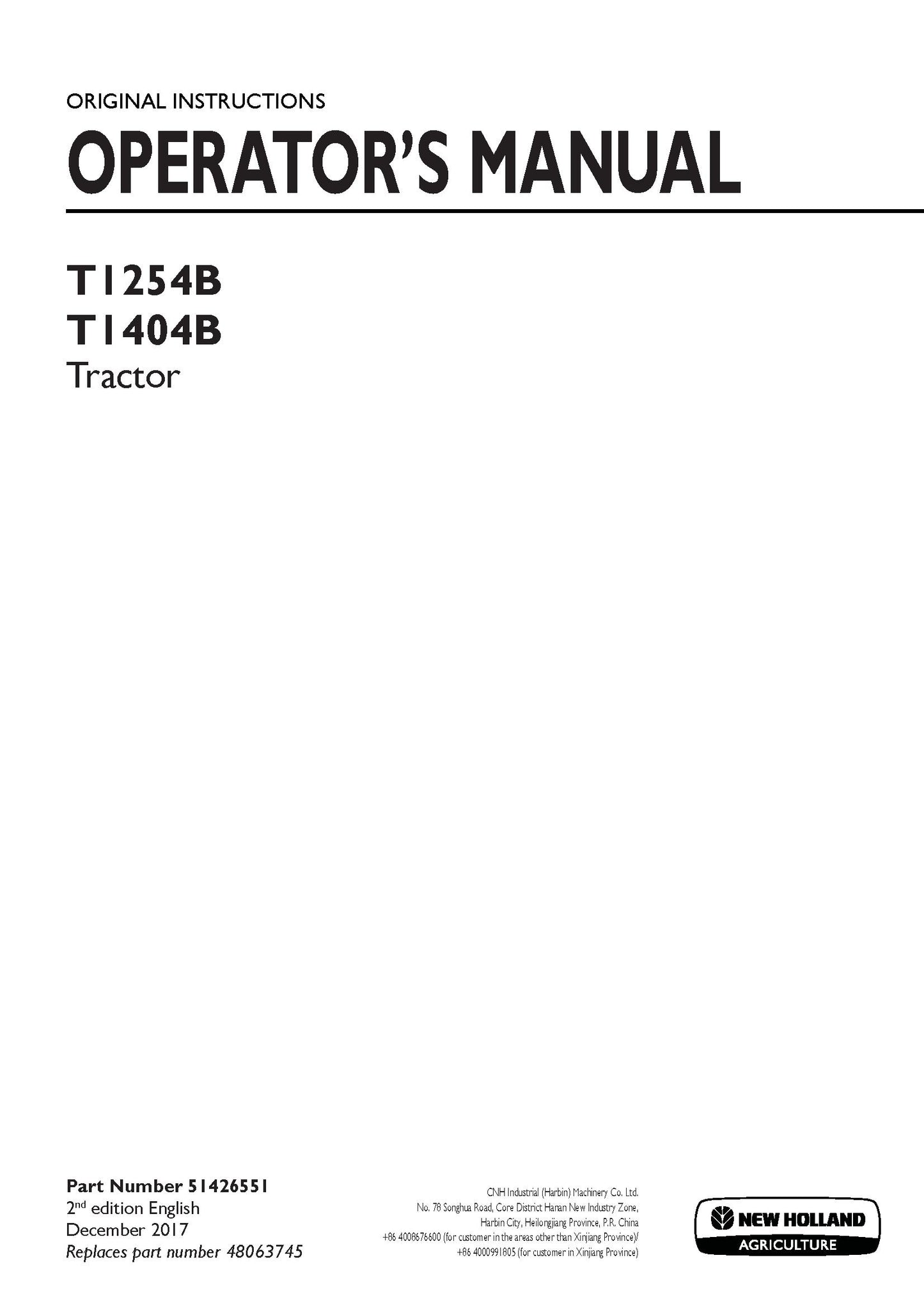 New Holland T1254B, T1404B Tractor Operator's Manual (51426551)