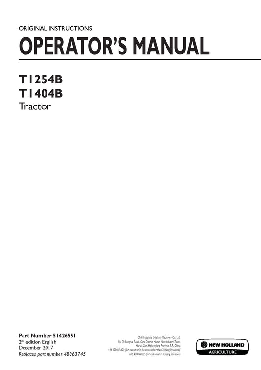 New Holland T1254B, T1404B Tractor Operator's Manual (51426551)