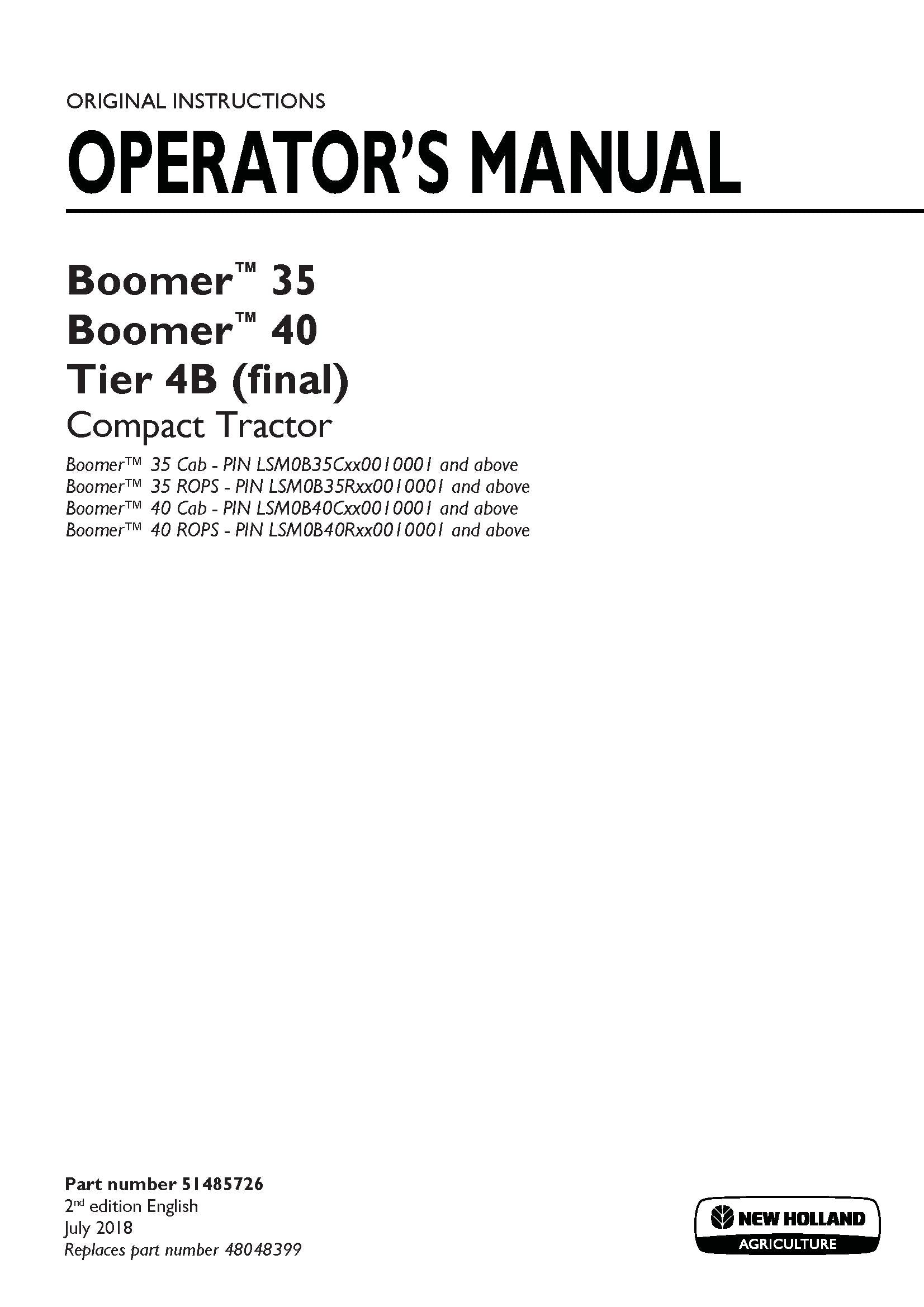 New Holland Boomer 35, Boomer 40 Tier 4B Compact tractor Operator's Manual (51485726)