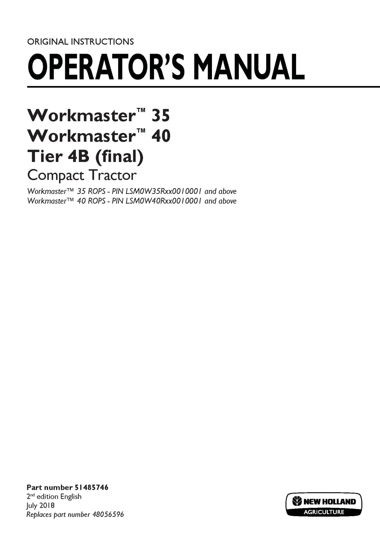 New Holland Workmaster 35, Workmaster 40 Tier 4B Compact tractor Operator's Manual (51485746)