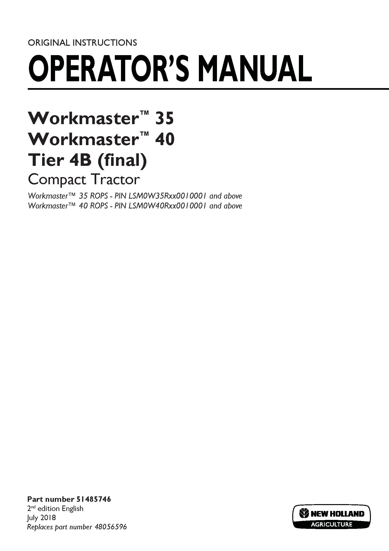 New Holland Workmaster 35, Workmaster 40 Tier 4B Compact tractor Operator's Manual (51485746)