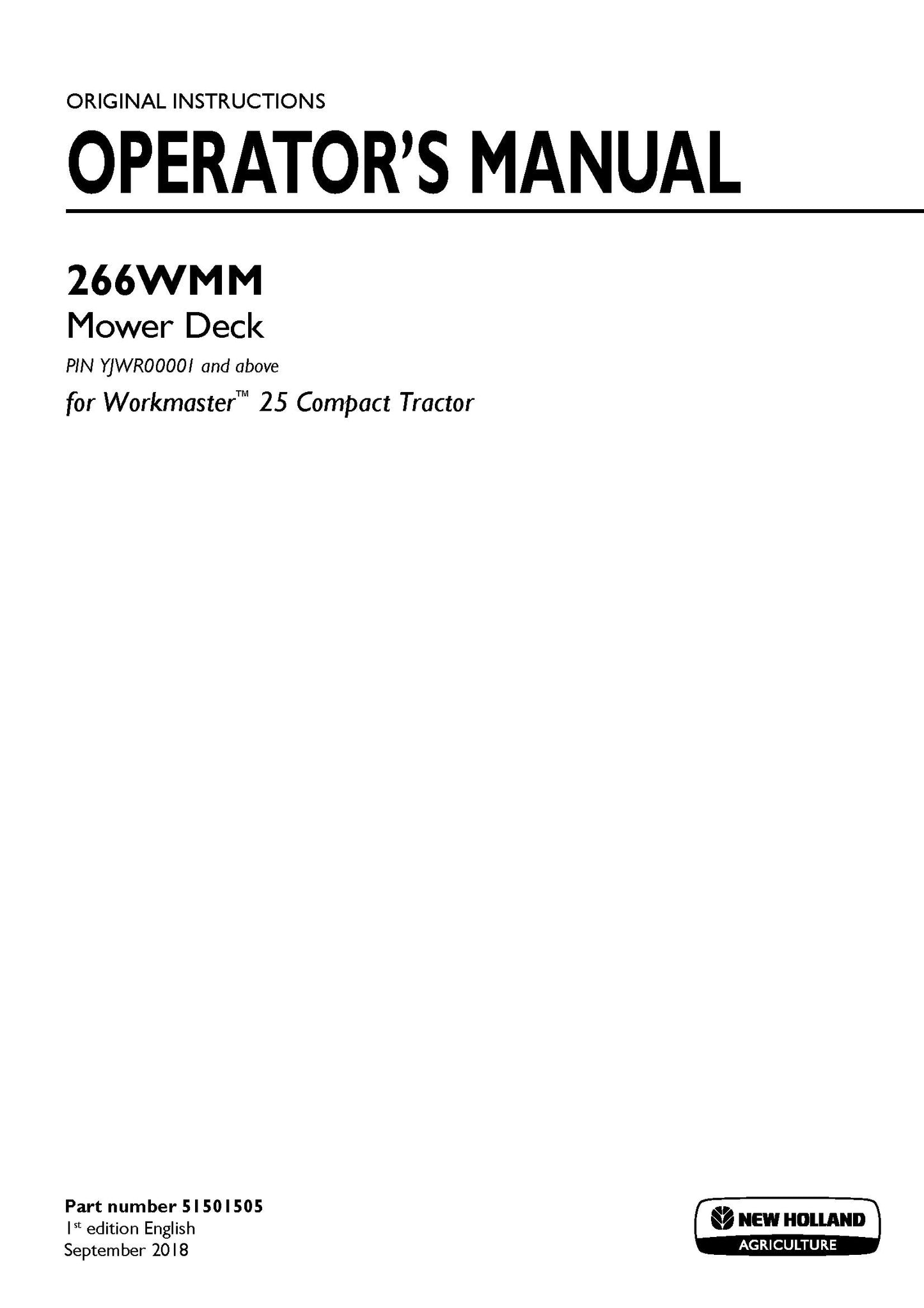 New Holland 266WMM Mower Deck for Workmaster 25 Compact Tractor Operator's Manual (51501505)