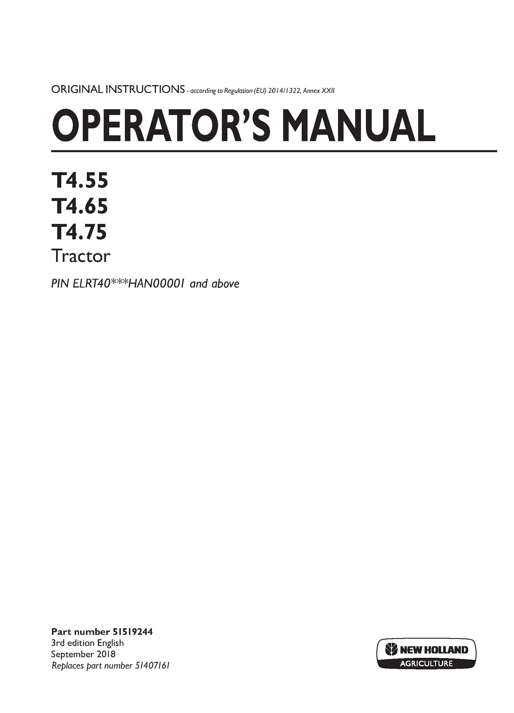 New Holland T455, T465, T475 Stage IV Tractor Operator's Manual (51519244)