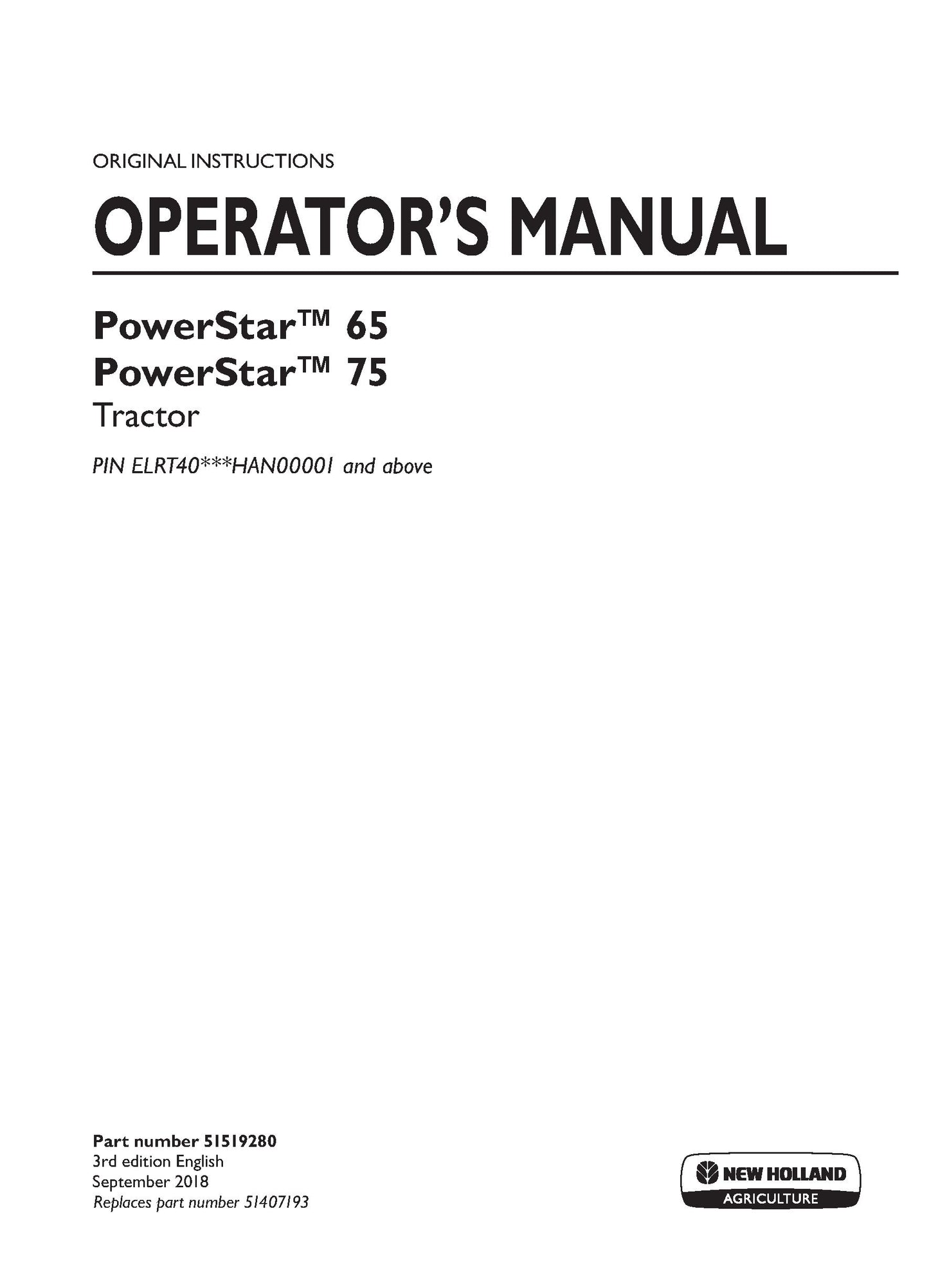 New Holland PowerStar 65, PowerStar 75 Tractor Operator's Manual (51519280)