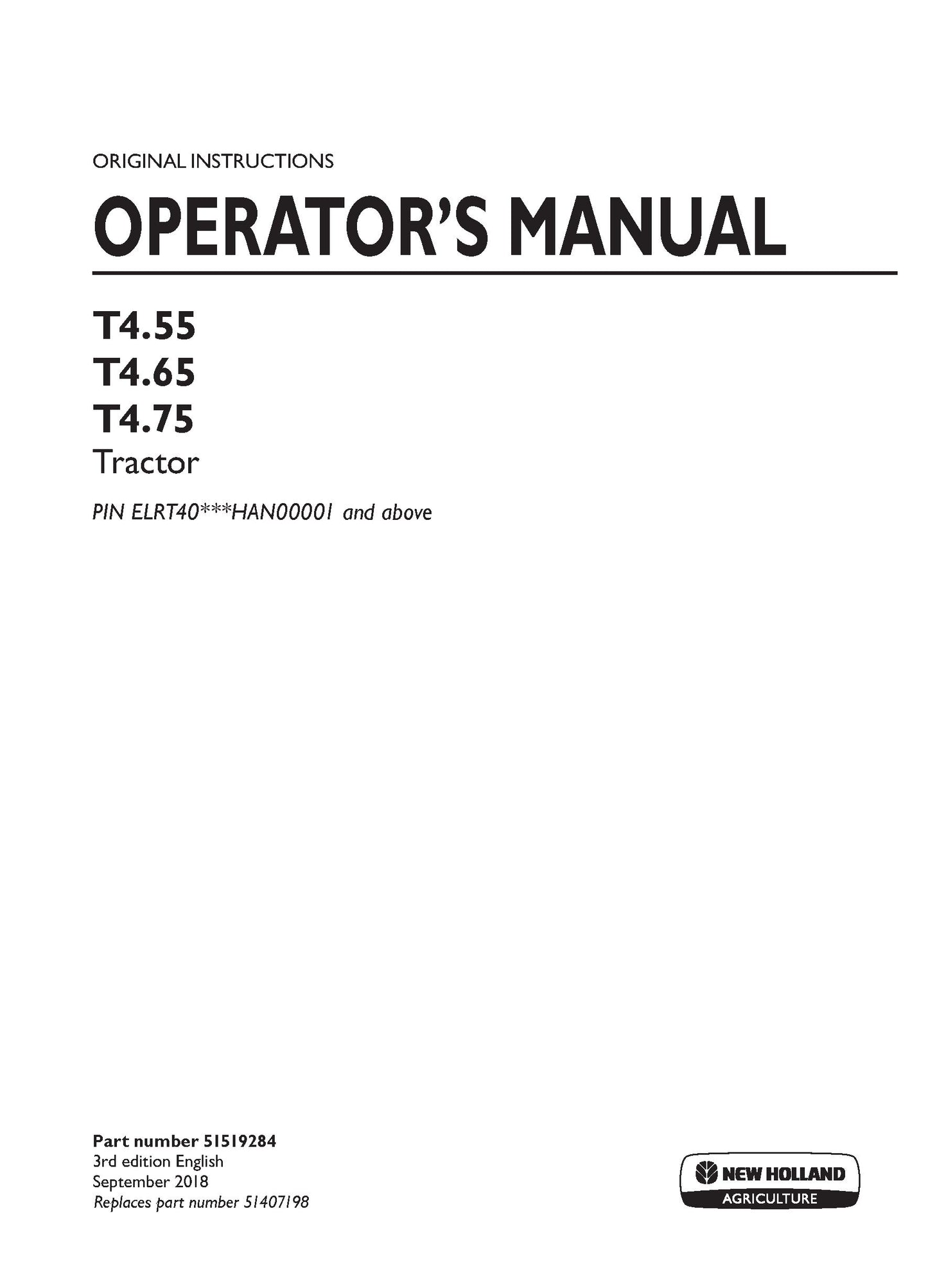 New Holland T455, T465, T475 Stage IV Tractor Operator's Manual (51519284)