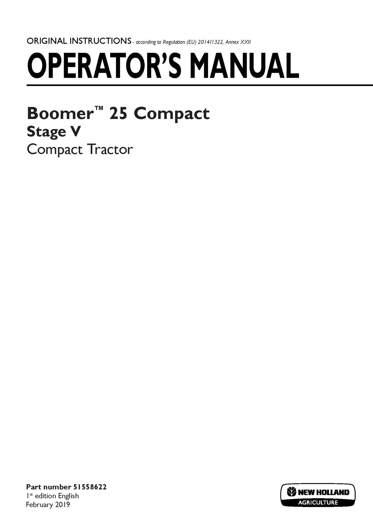 New Holland Boomer 25 Compact Stage V Compact Tractor Operator's Manual (51558622)