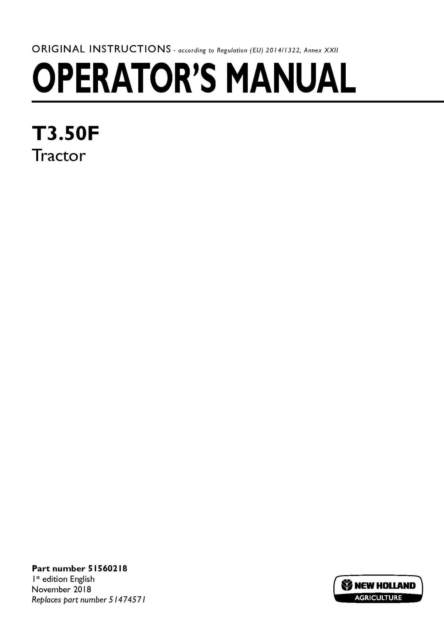 New Holland T350F Tractor Operator's Manual (51560218)