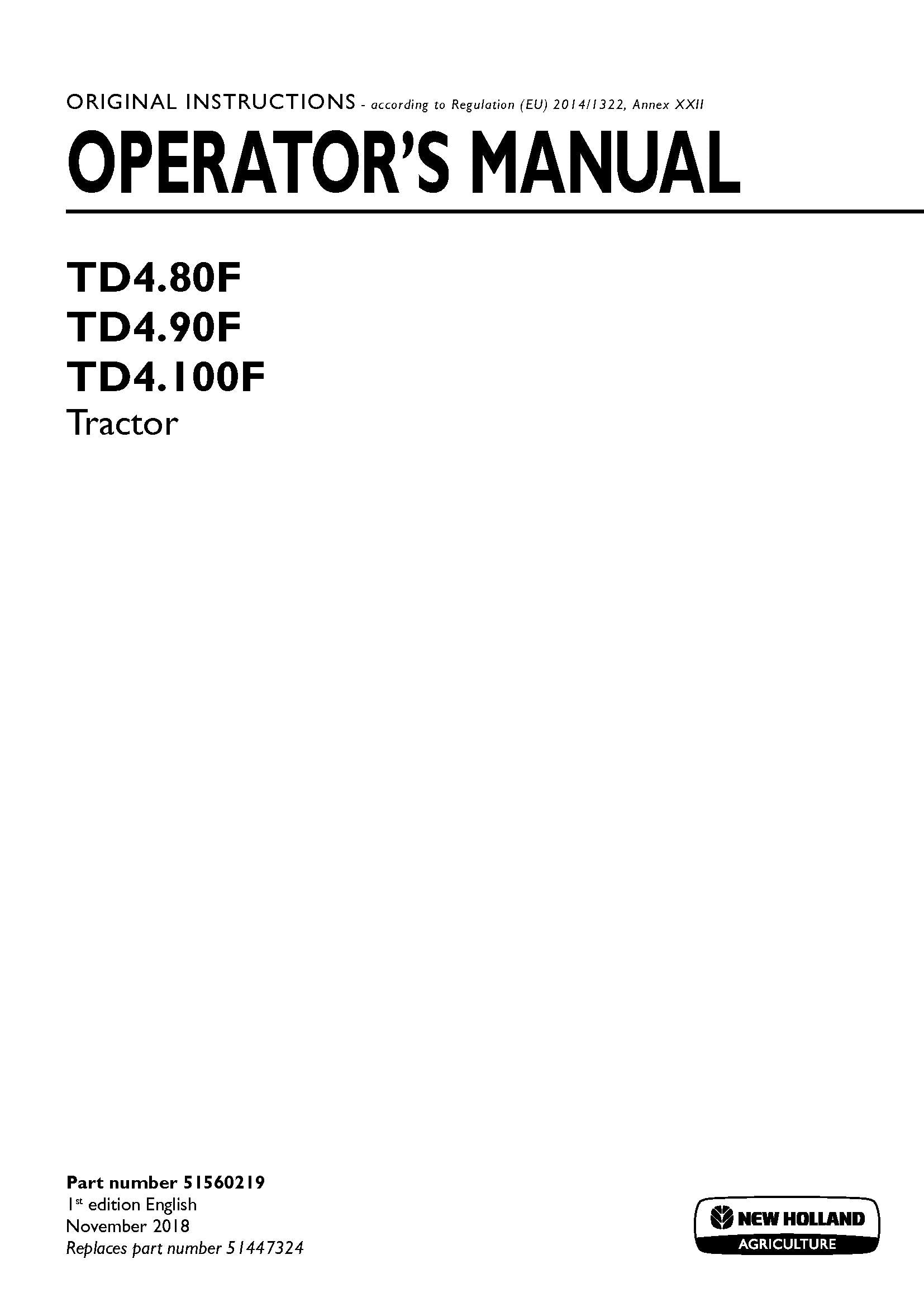 New Holland TD4.80F, TD4.90F, TD4.100F Tractor Operator's Manual (51560219)