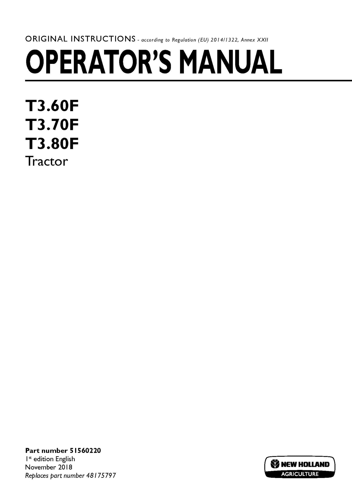 New Holland T360F, T370F, T380F Tractor Operator's Manual (51560220)