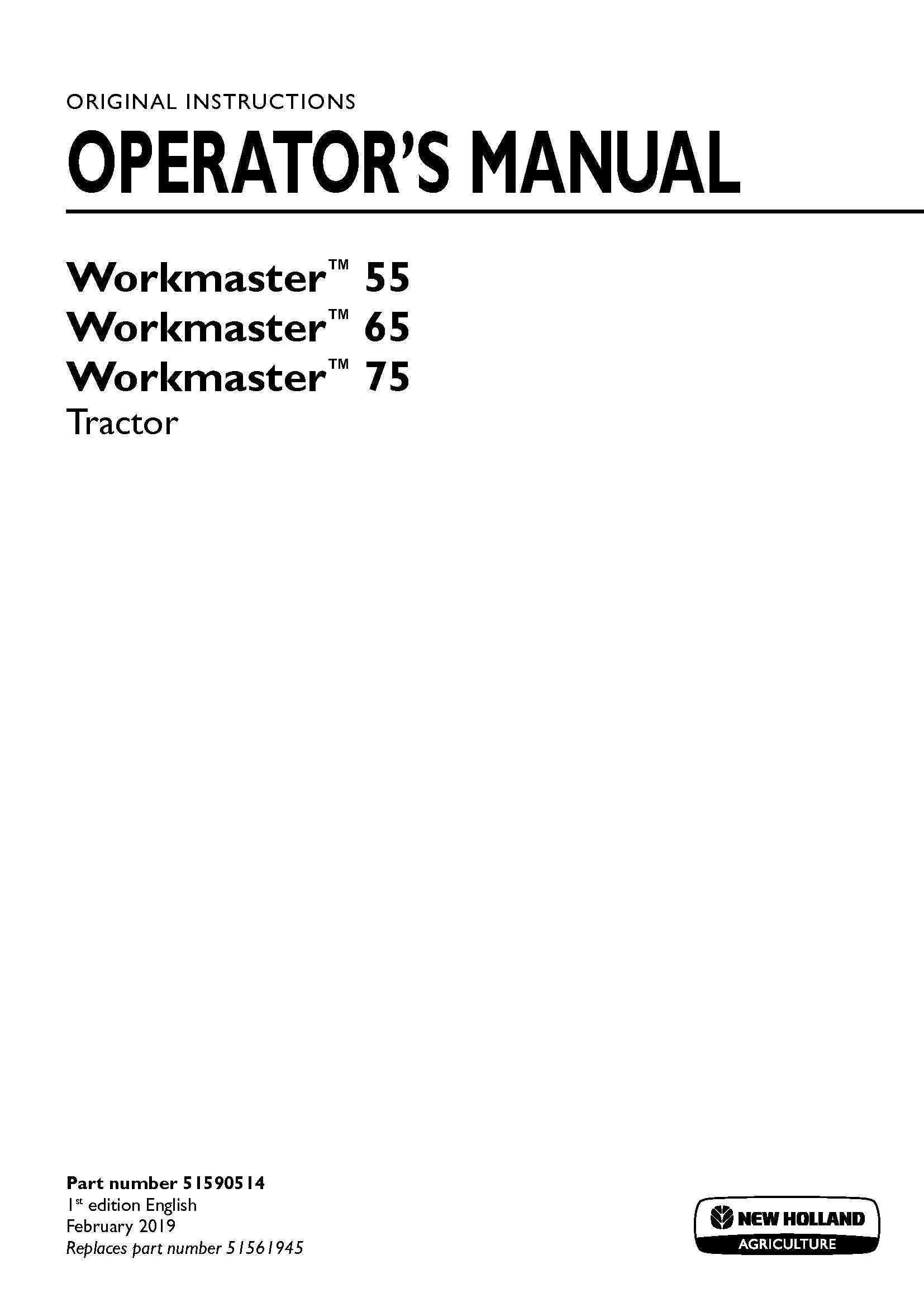 New Holland Workmaster 55, Workmaster 65, Workmaster 75 Tractor Operator's Manual (51590514)