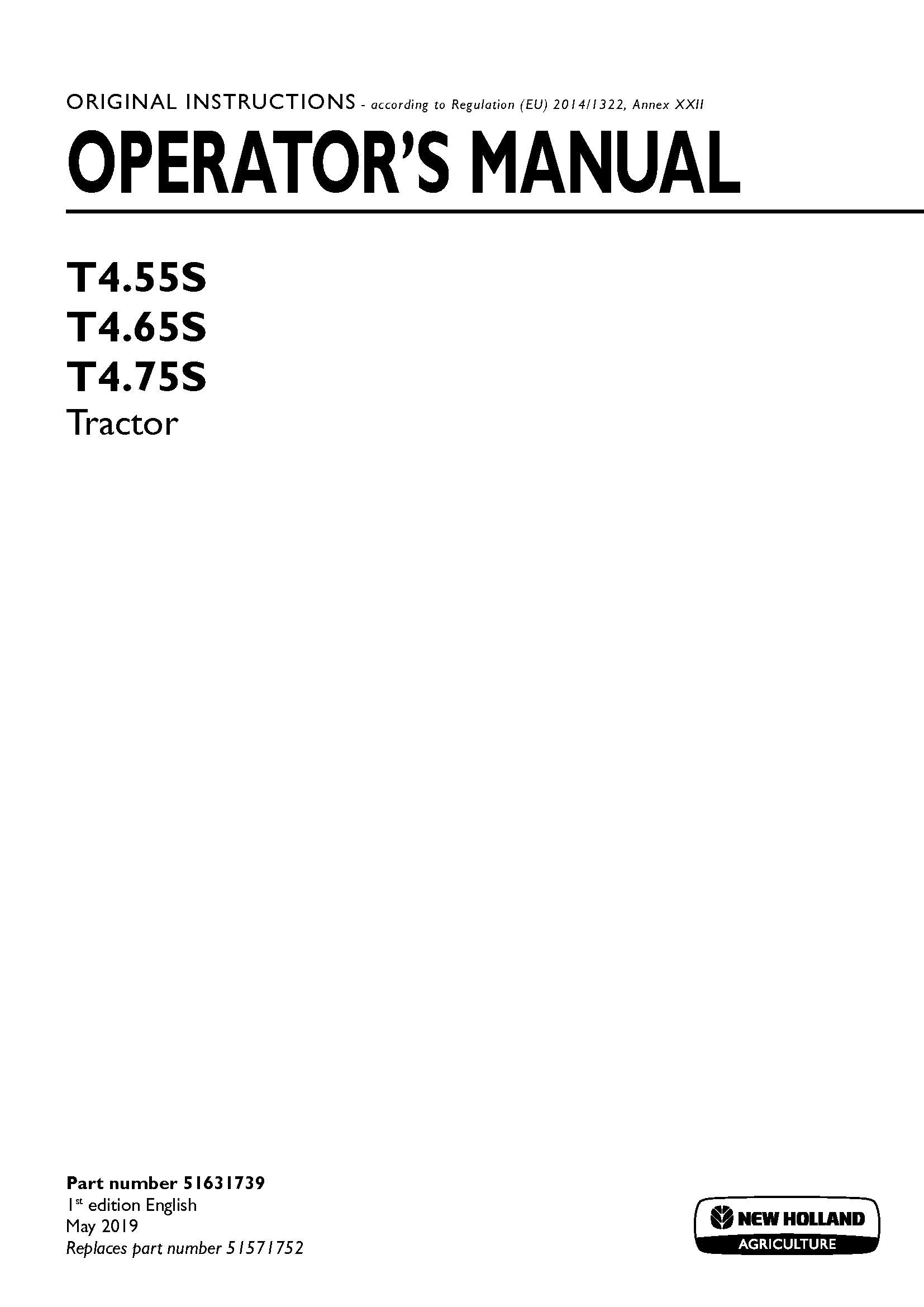 New Holland T455S, T465S, T475S Tractor Operator's Manual (51631739)
