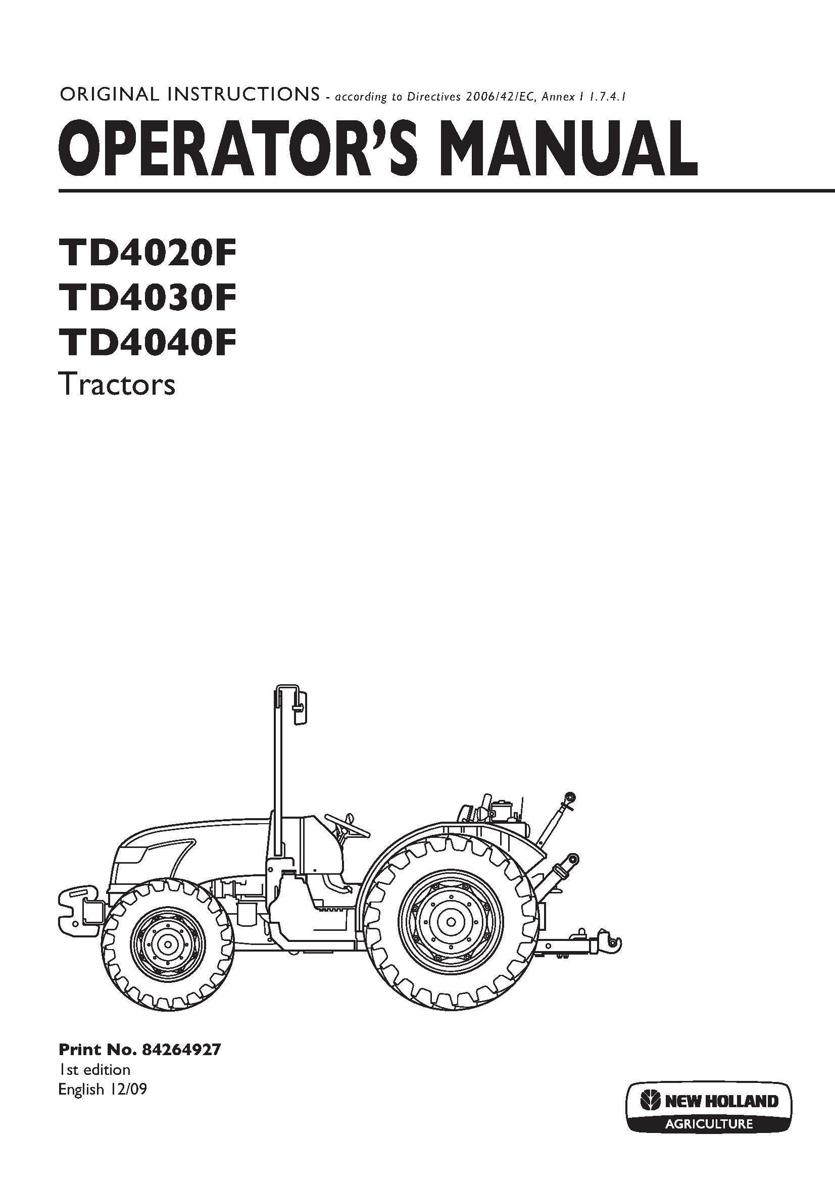 New Holland TD4020F,TD4030F,TD4040F Tractors Operator's Manual (84264927)