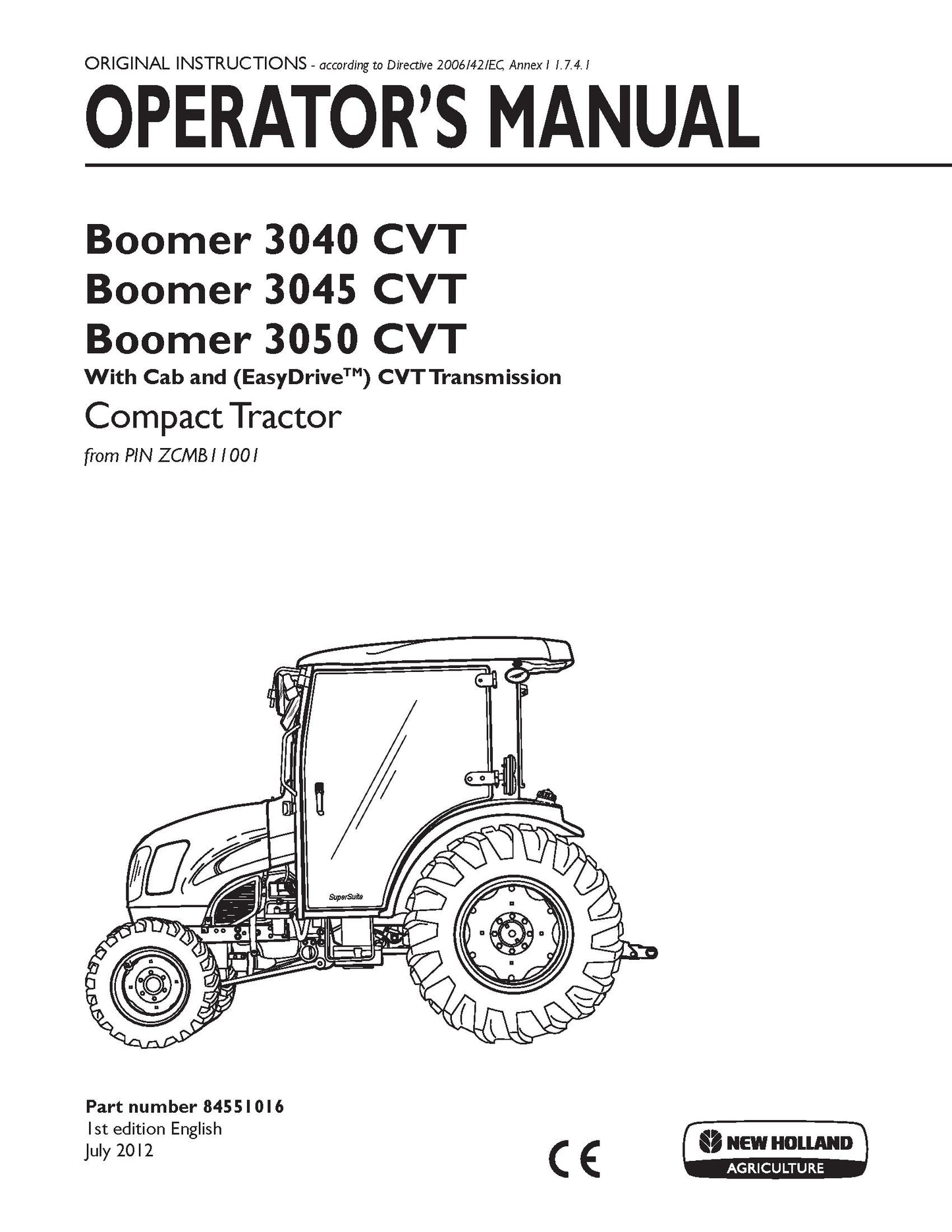 New Holland Boomer 3040 CVT, 3045 CVT, 3050 CVT With Cab and EasyDrive CVT Tr Operator's Manual (84551016)