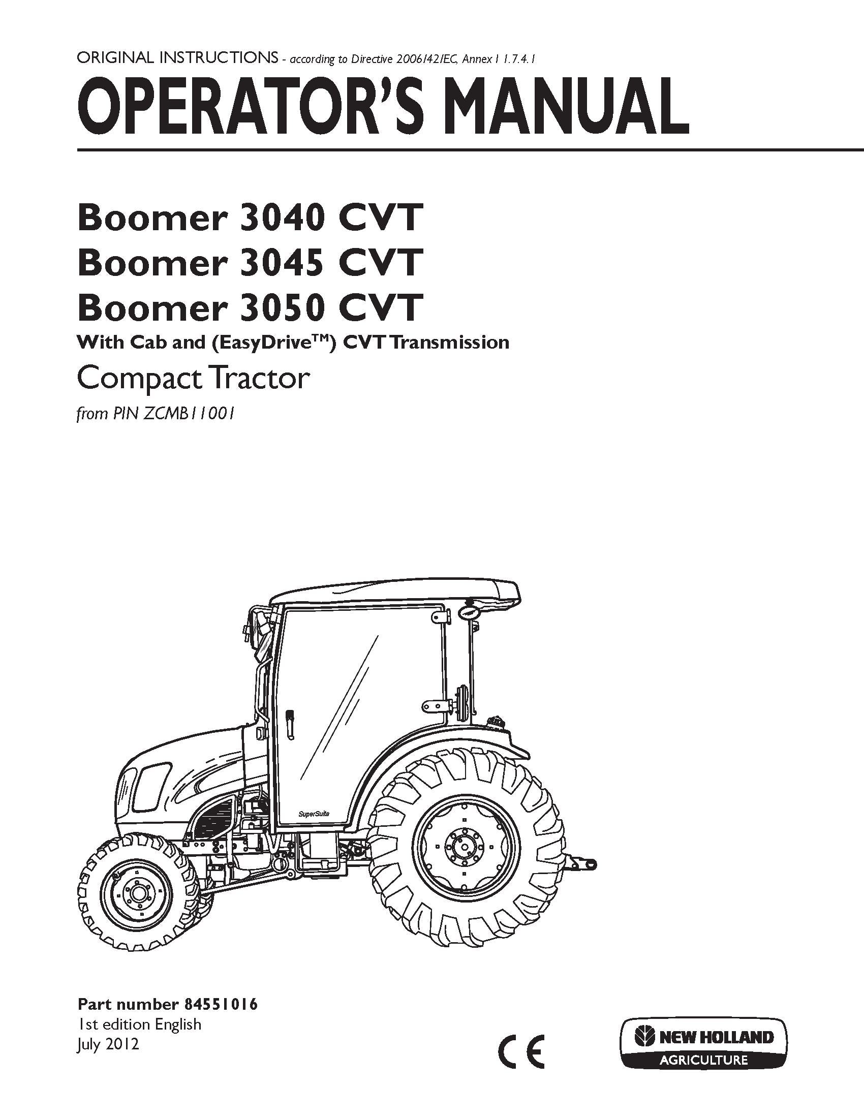 New Holland Boomer 3040 CVT, 3045 CVT, 3050 CVT With Cab and EasyDrive CVT Tr Operator's Manual (84551016)