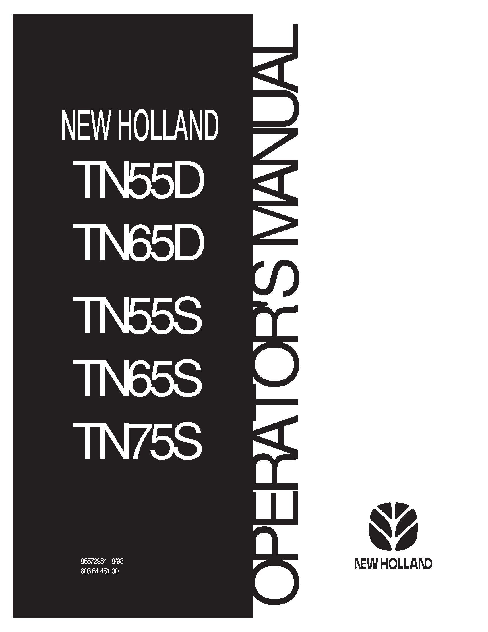 New Holland TN55D TN65D TN75D TN55S TN65S TN75S Operator's Manual (86572984)