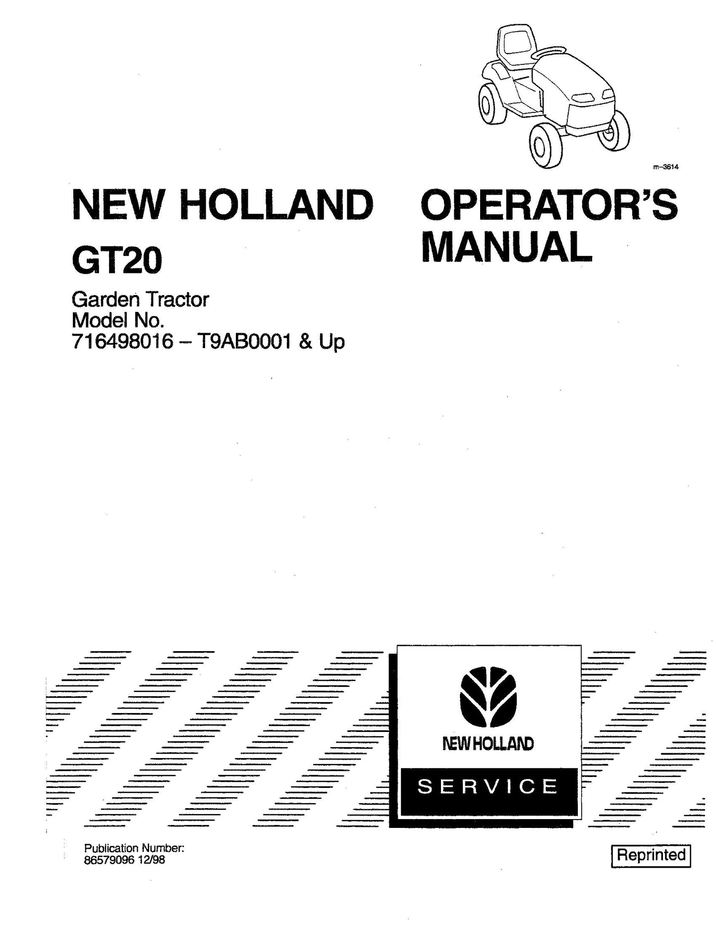 New Holland GT20,A Garden Tractor 716498016-T9AB0001 & up Operator's Manual (86579096)