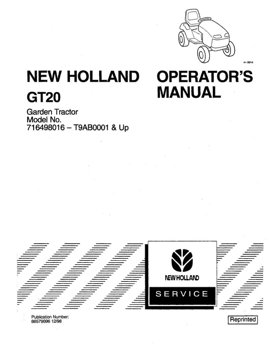 New Holland GT20,A Garden Tractor 716498016-T9AB0001 & up Operator's Manual (86579096)