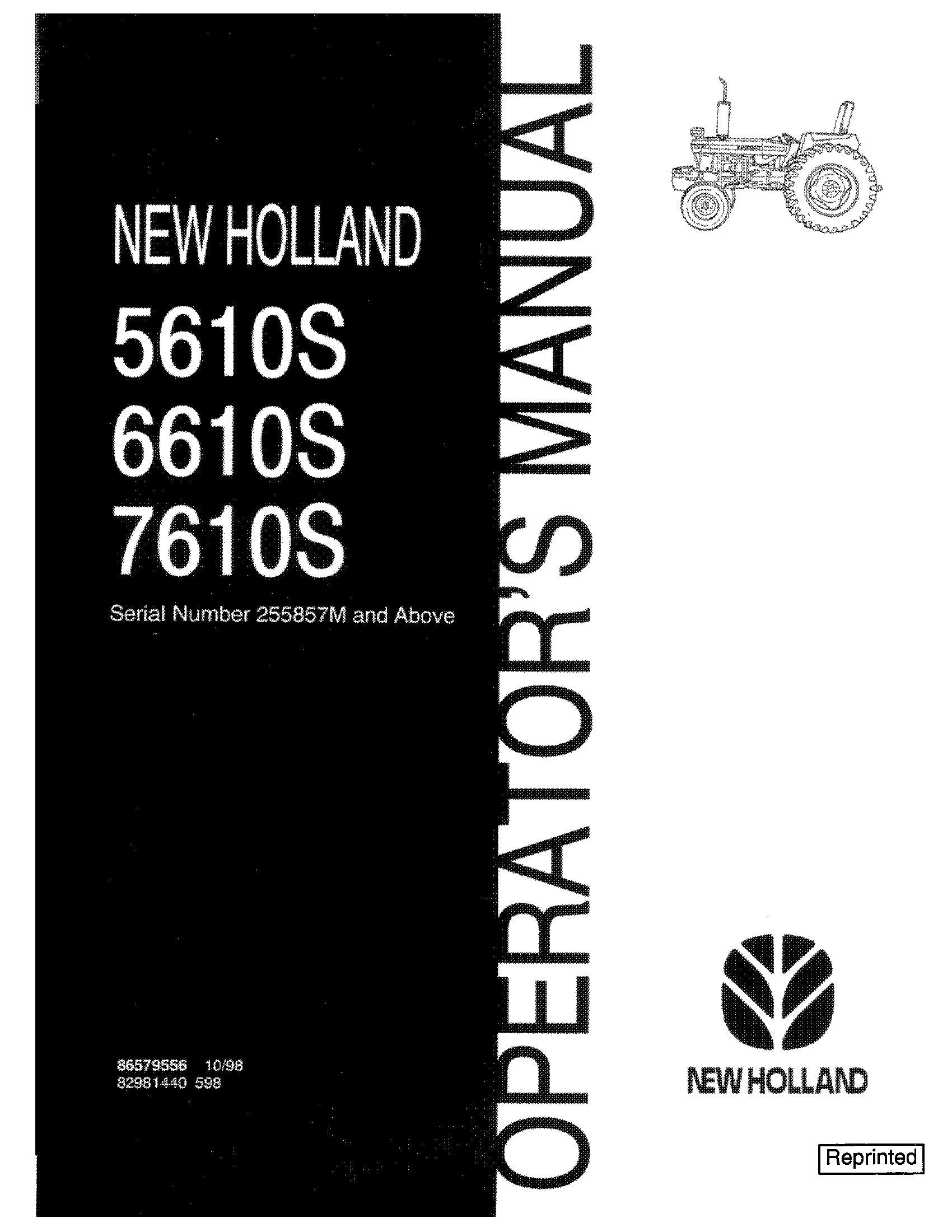 New Holland 5610S 6610S 7610S OM Sn255857m & Above Operator's Manual (86579556)