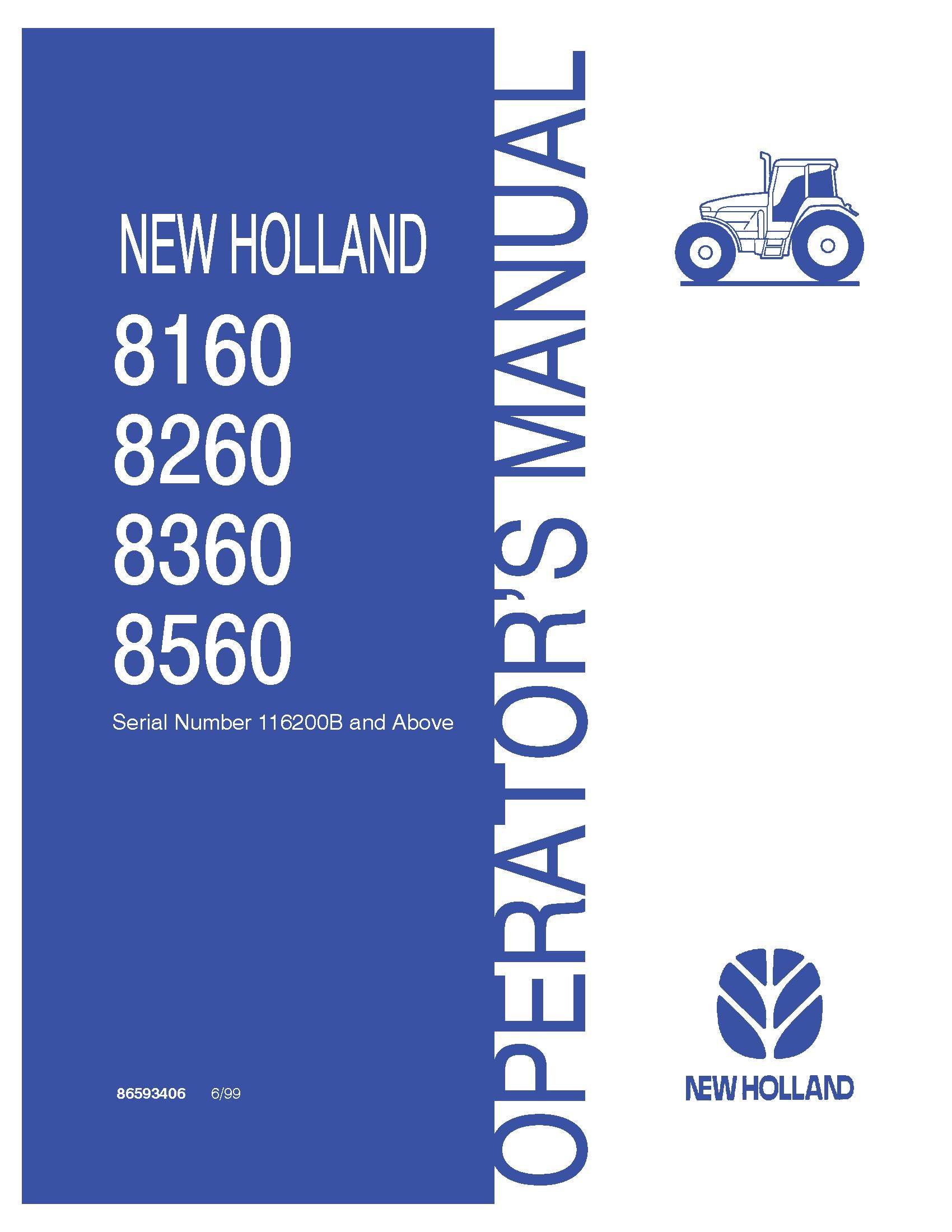 New Holland 8160, 8260, 8360, 8560 Tractor Operator's Manual (86593406)