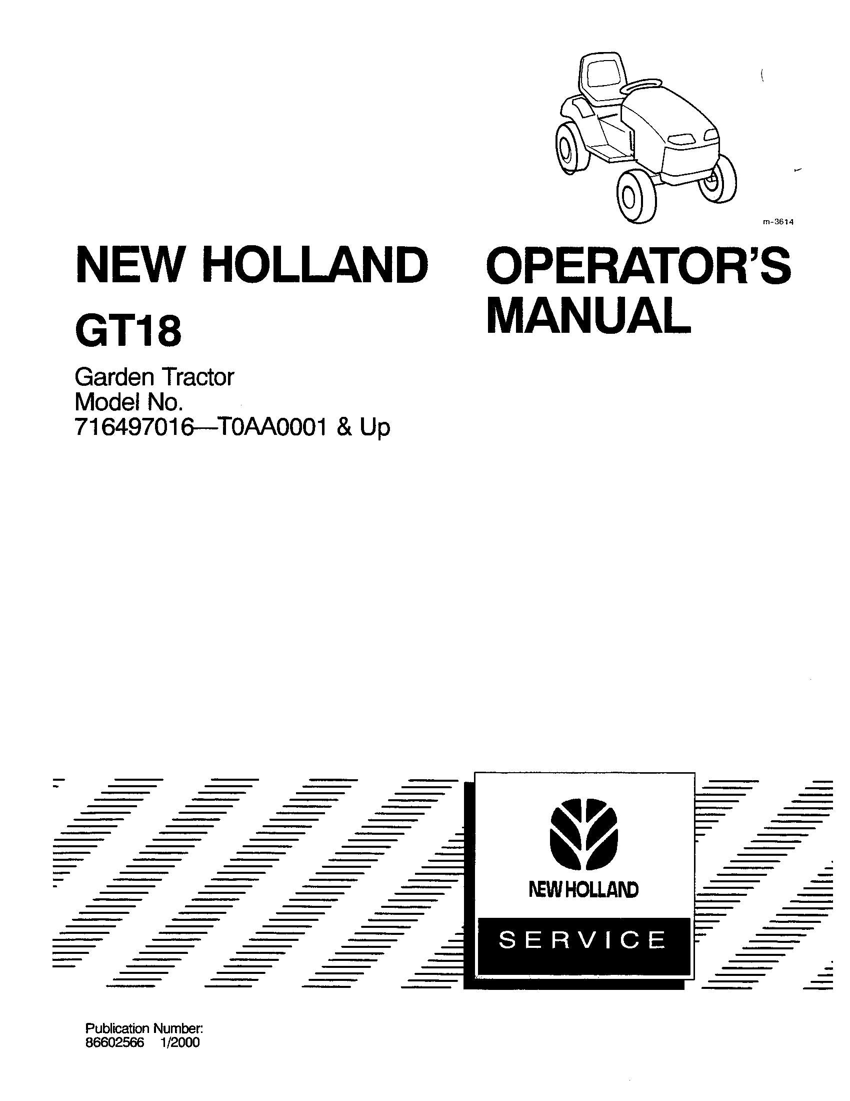 New Holland Gt18 A Garden Tractor Operator's Manual (86602566)