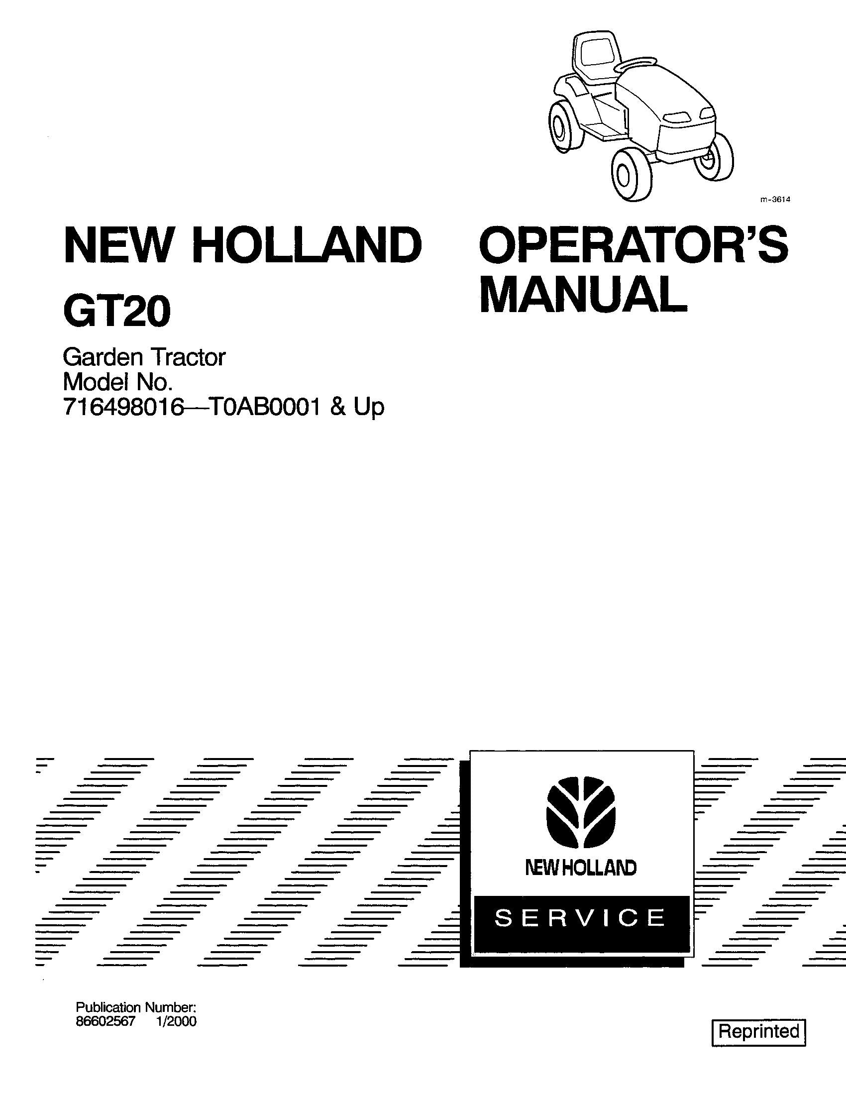 New Holland Garden Tractor GT20 Operator's Manual (86602567)
