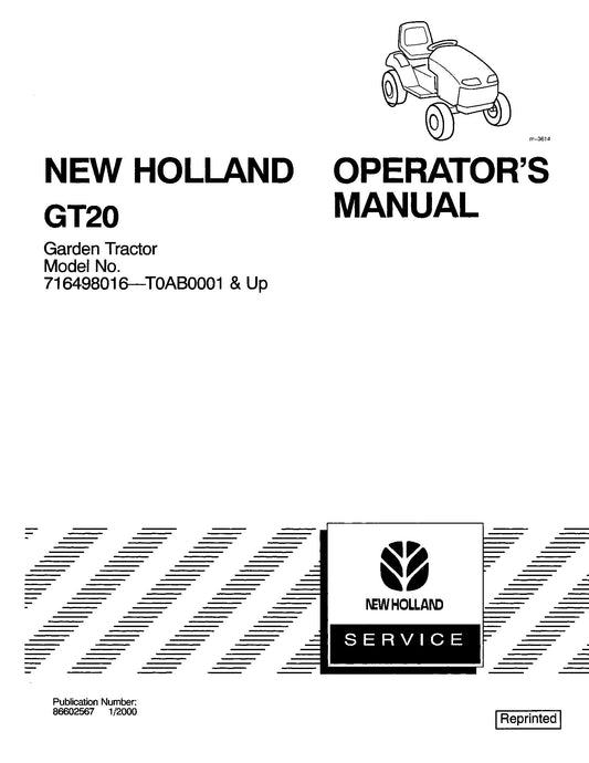 New Holland Garden Tractor GT20 Operator's Manual (86602567)