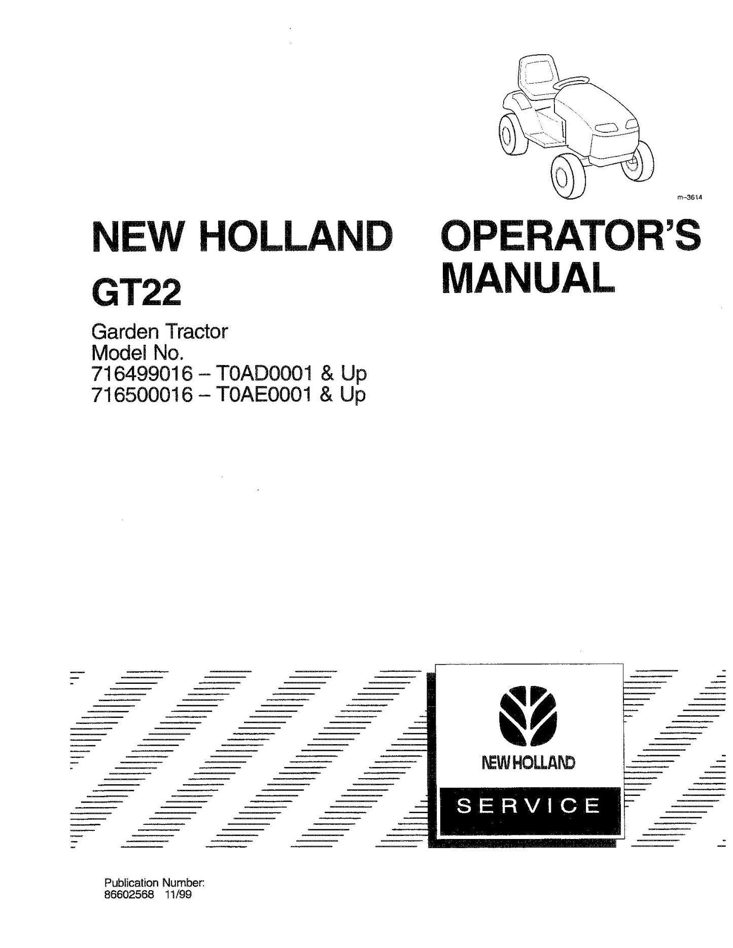 New Holland GT22 Garden Tractor Operator's Manual (86602568)