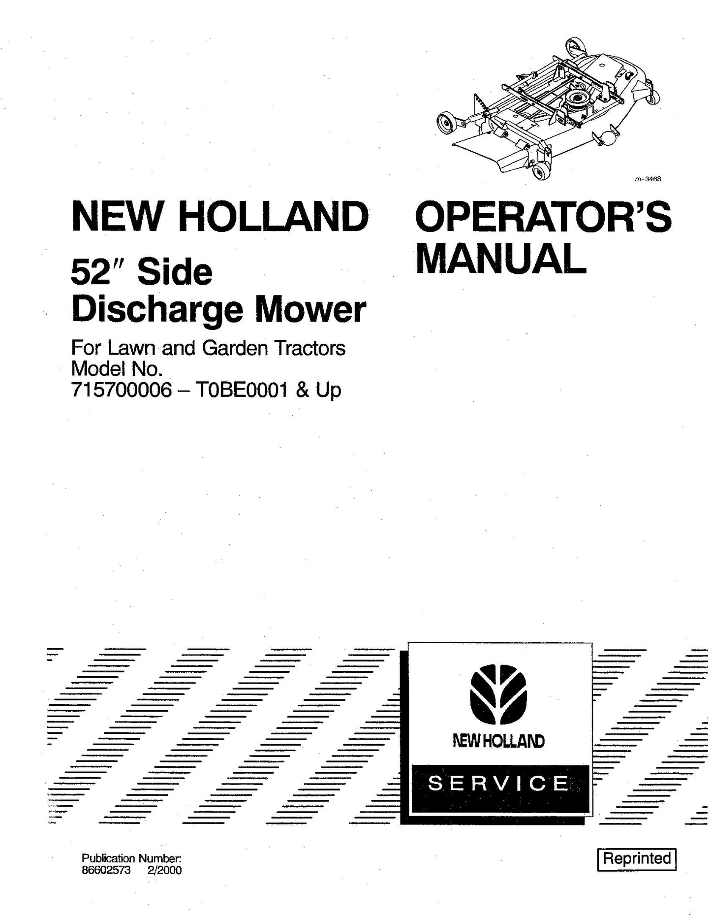 New Holland 52 Side Discharge Mower for lawn and garden Tractors Operator's Manual (86602573)