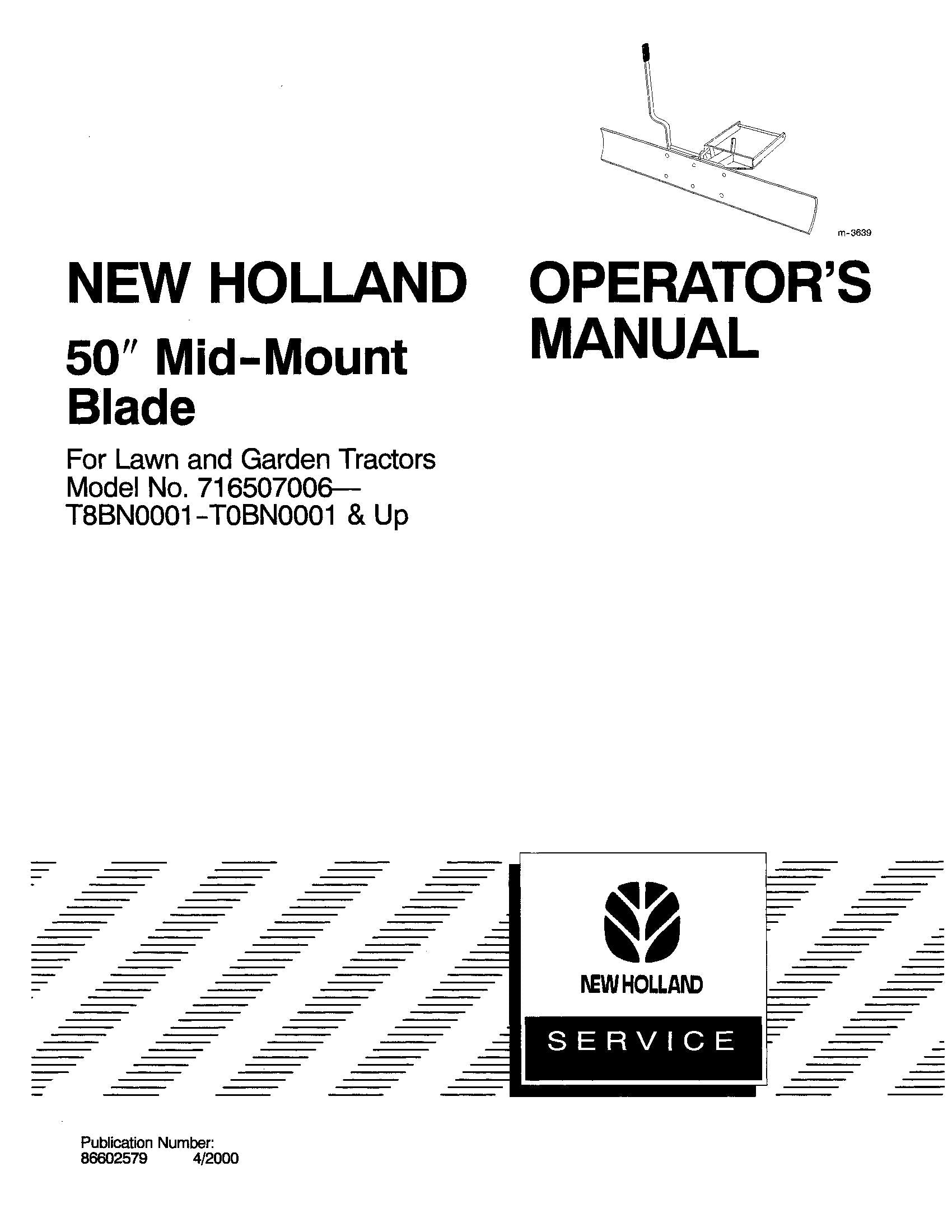 New Holland 50 Inch Mid Mount Blade for Lawn and Garden Tractors Operator's Manual (86602579)