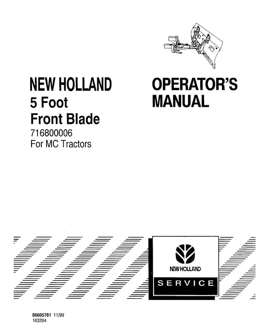 New Holland 5 Foot Front Blade For MC Tractors Operator's Manual (86605781)