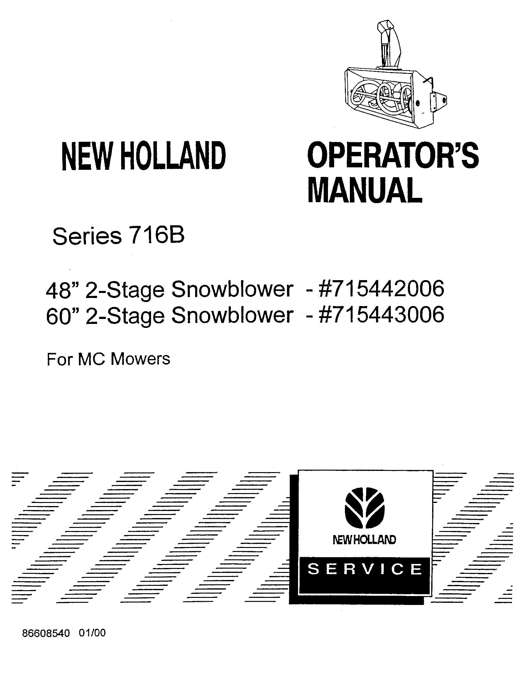 New Holland Mc Mowers 716B Series 48 inch and 60 inch Snowblower Operator's Manual (86608540)