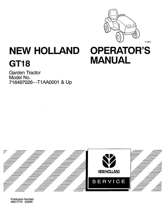 New Holland Gt18, Garden Tractor Operator's Manual (86617776)