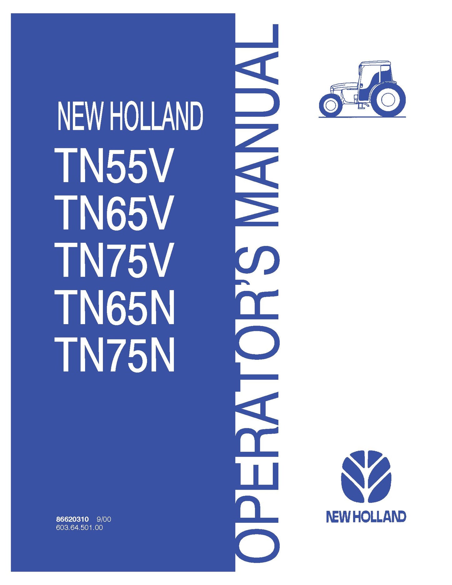 New Holland TN55V, TN65V, TN75V, TN65N, TN75N Tractors Operator's Manual (86620310)