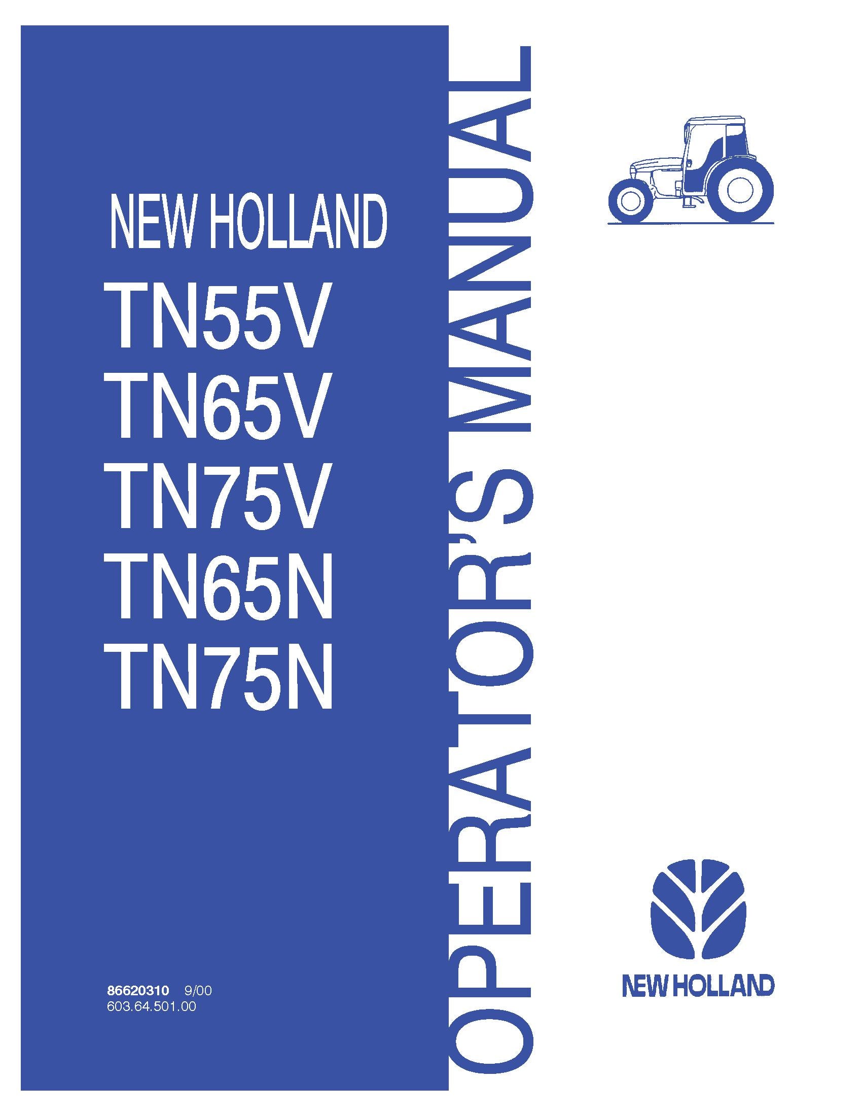 New Holland TN55V, TN65V, TN75V, TN65N, TN75N Tractors Operator's Manual (86620310)