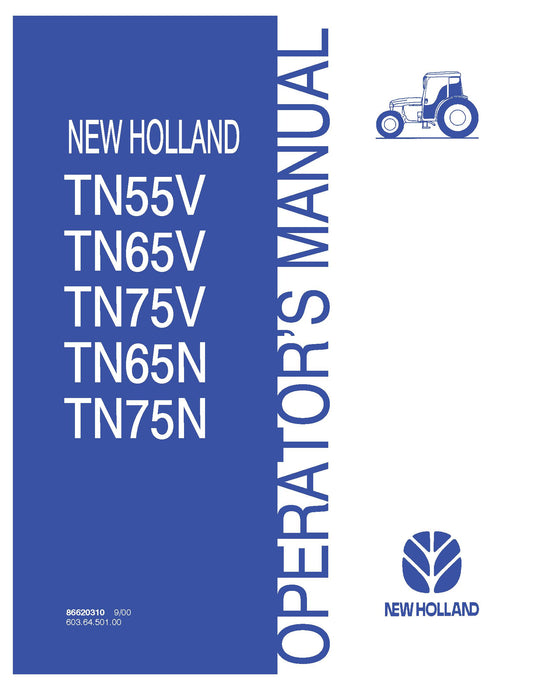 New Holland TN55V, TN65V, TN75V, TN65N, TN75N Tractors Operator's Manual (86620310)