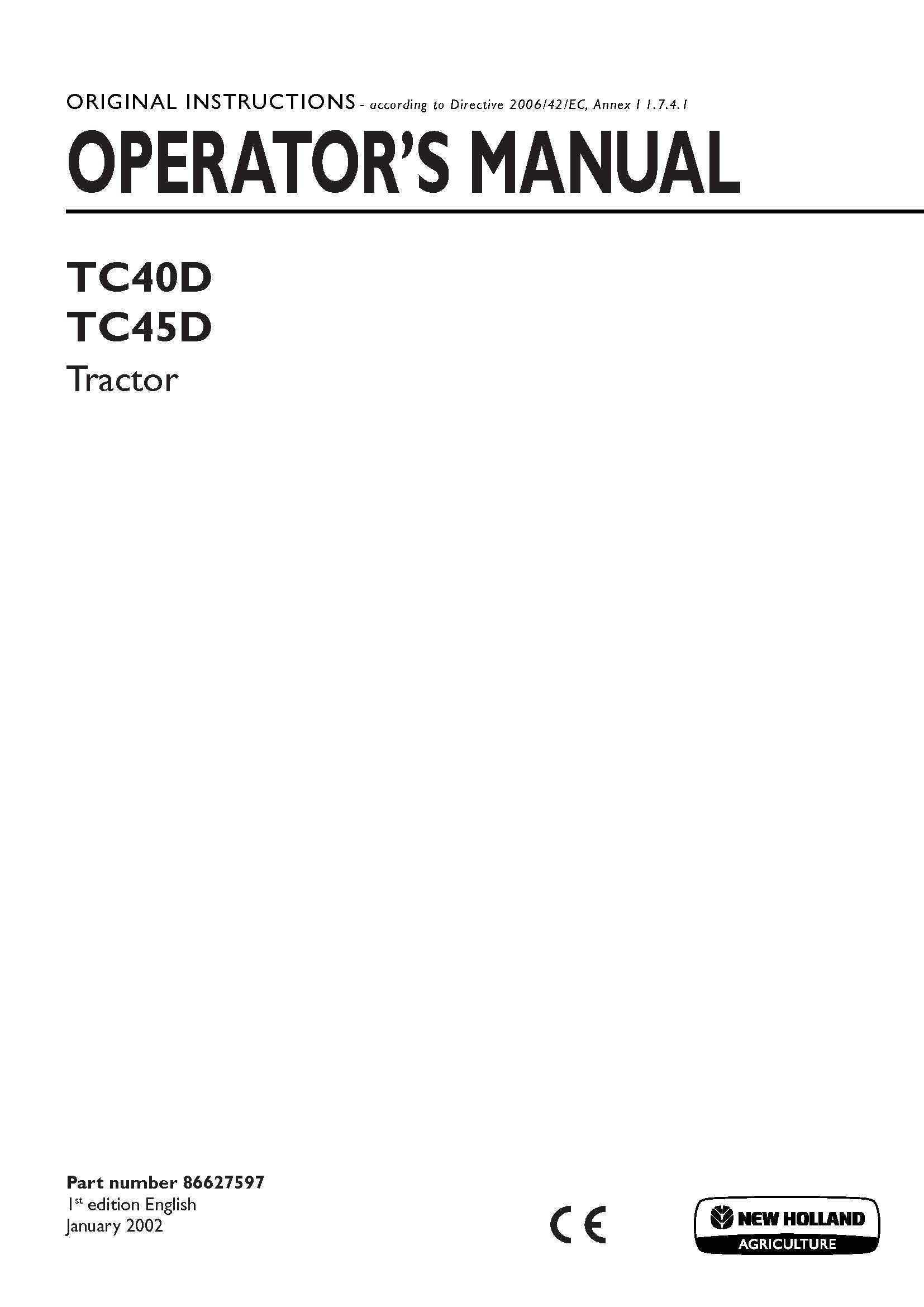 New Holland TC40D, TC45D Tractors Operator's Manual (86627597)