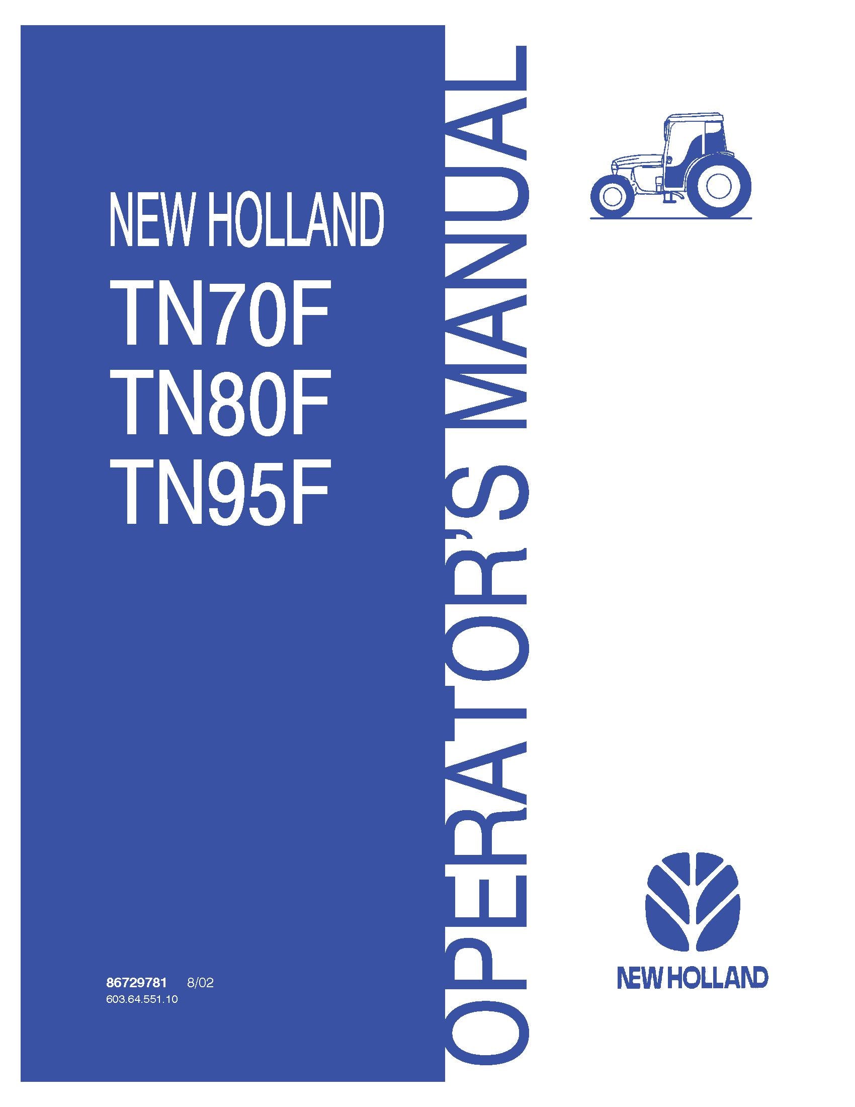 New Holland TN70f Tn80f Tn95f Tractor Operator's Manual (86729781)