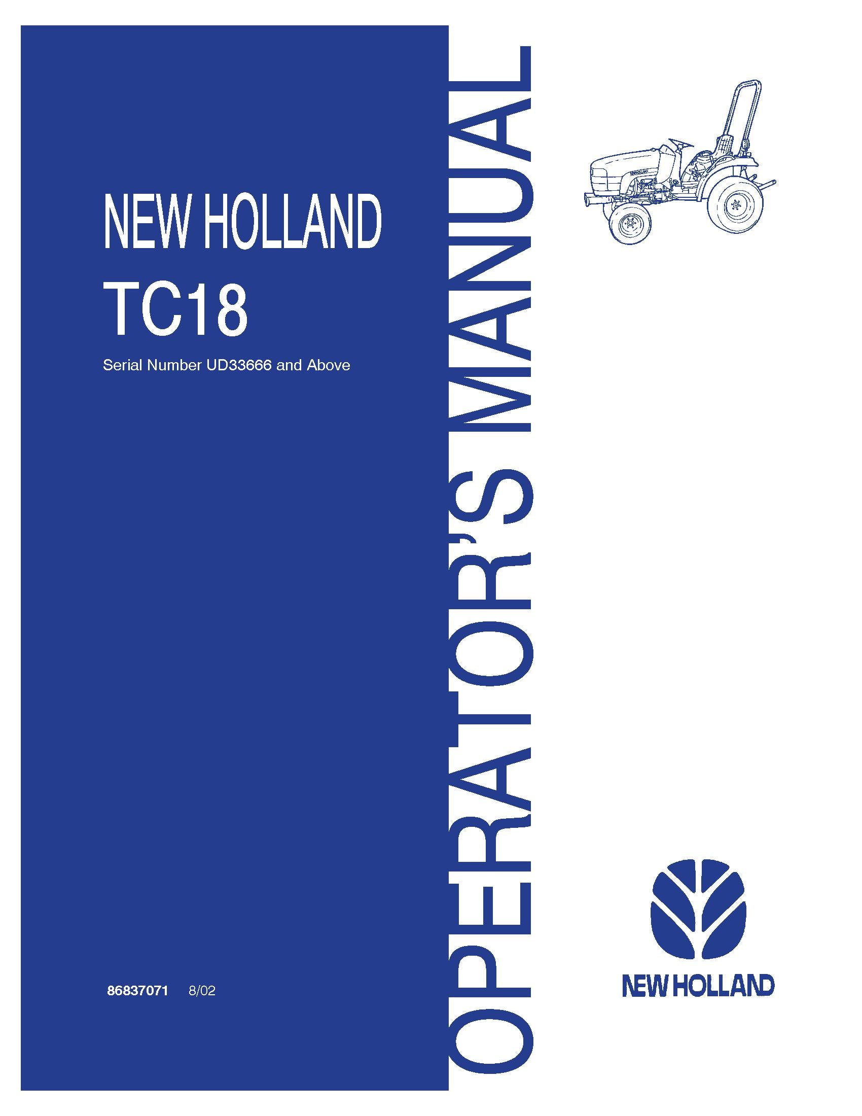 New Holland TC18 Tractor SN UD33666 & Above Operator's Manual (86837071)