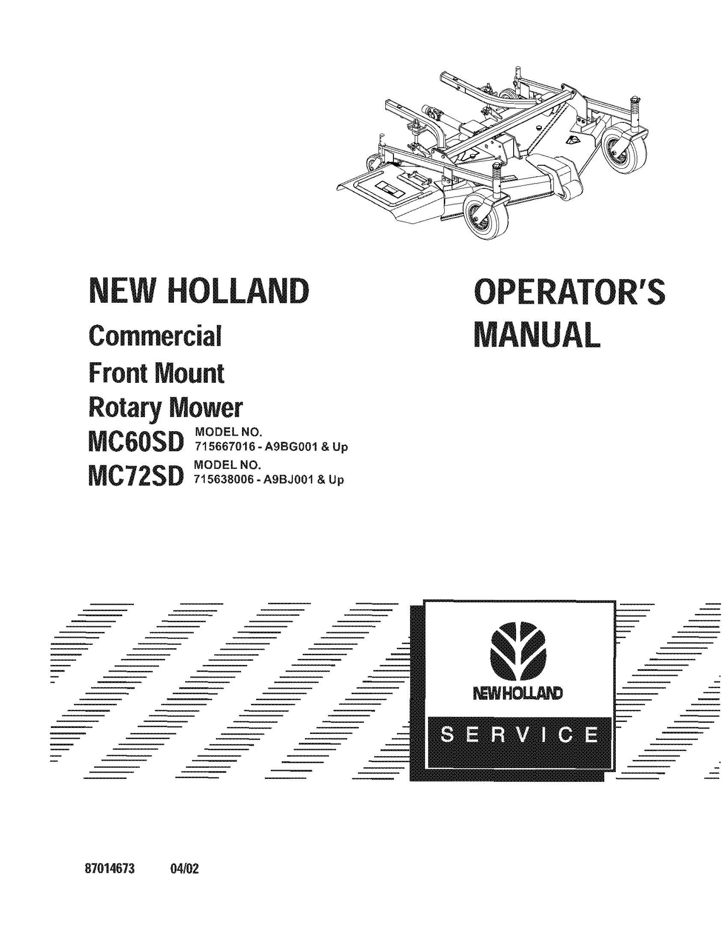 New Holland MC60SD MC72SD Front Mount Deck For Mower Operator's Manual (87014673)