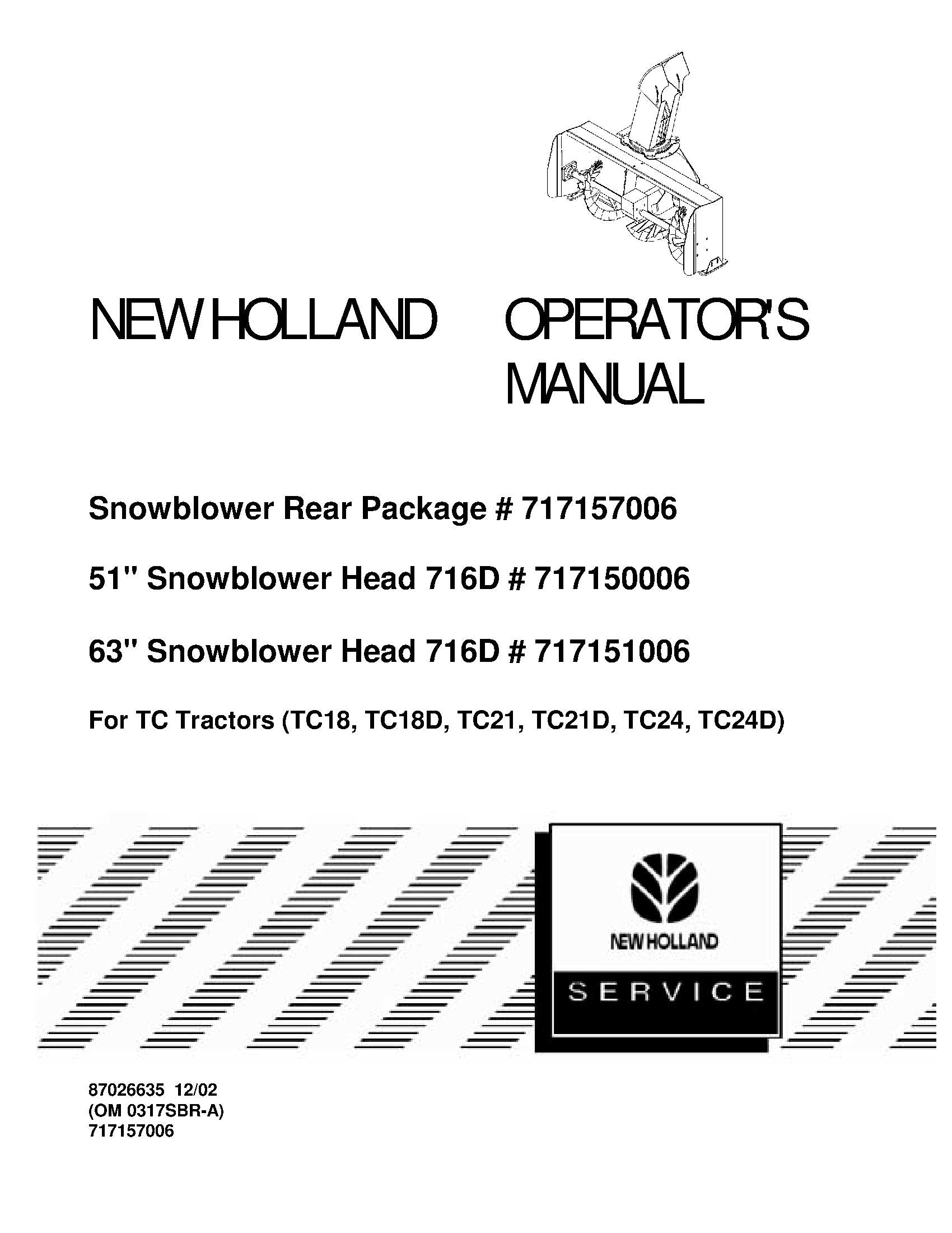 New Holland OM Snowblower Rear Package For Tc & Tcd Tractors Operator's Manual (87026635)