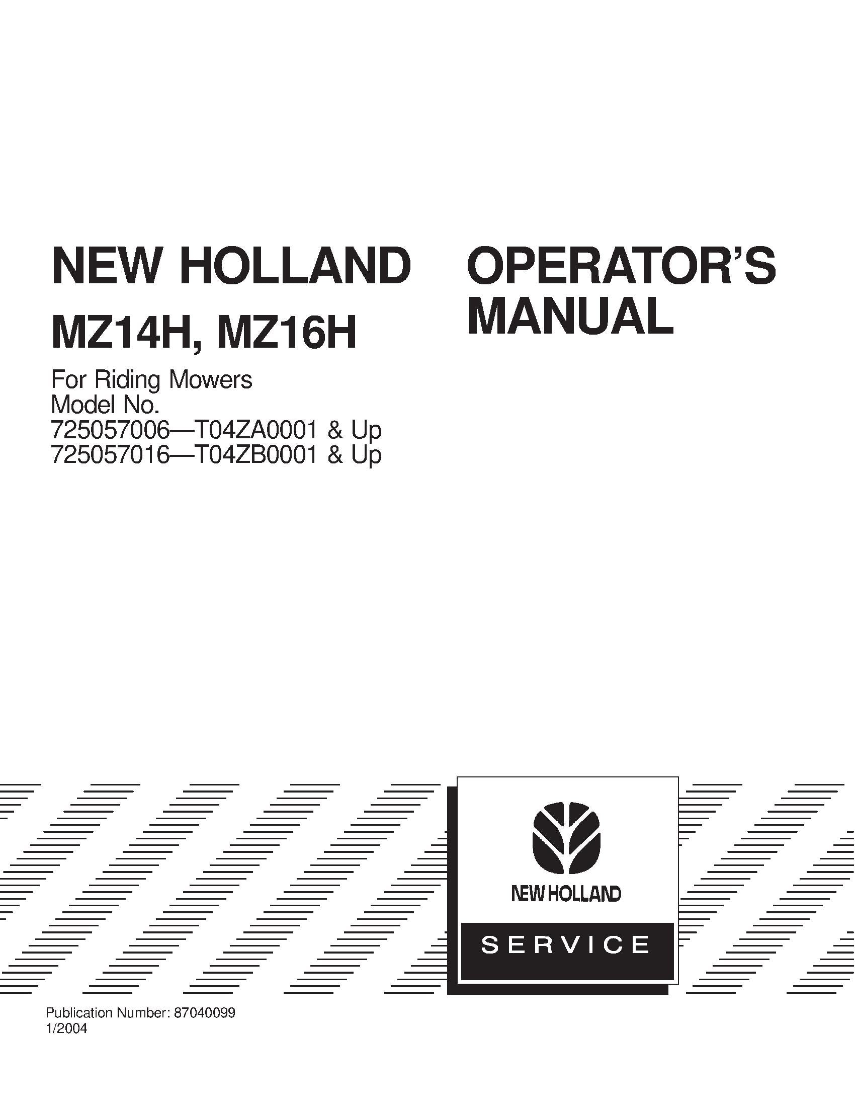 New Holland MZ14H, MZ16H For Riding Mowers Operator's Manual (87040099)