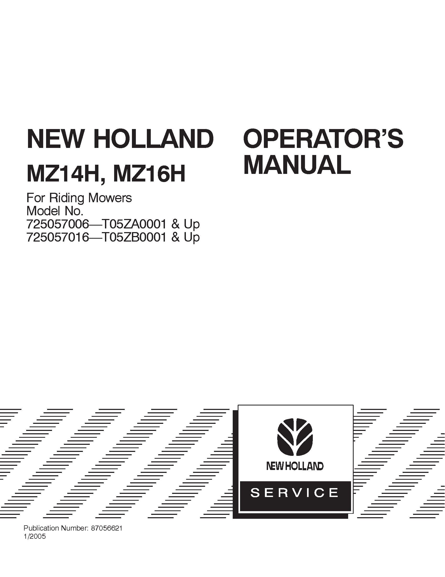 New Holland MX14H MXZ16H For Riding Mower 725057006,16 Operator's Manual (87056621)