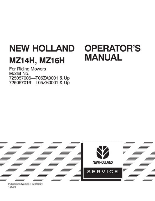 New Holland MX14H MXZ16H For Riding Mower 725057006,16 Operator's Manual (87056621)