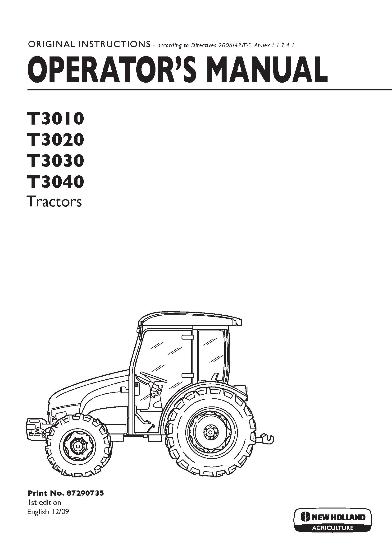 New Holland T3010T3020T3030T3040 Tractors Agricultural Operator's Manual (87290735)