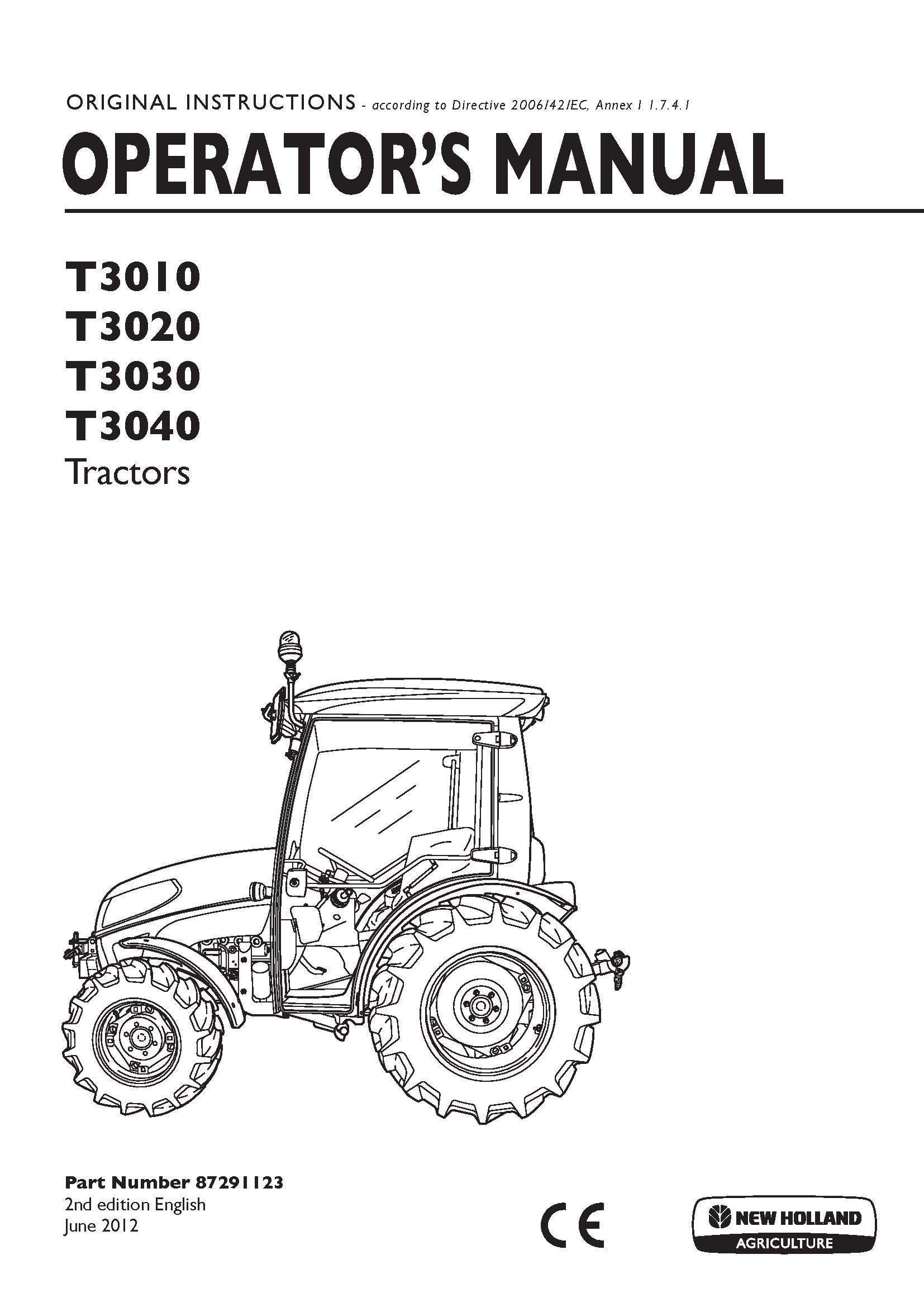 New Holland T3010, T3020, T3030, T3040 Tractor Operator's Manual (87291123)